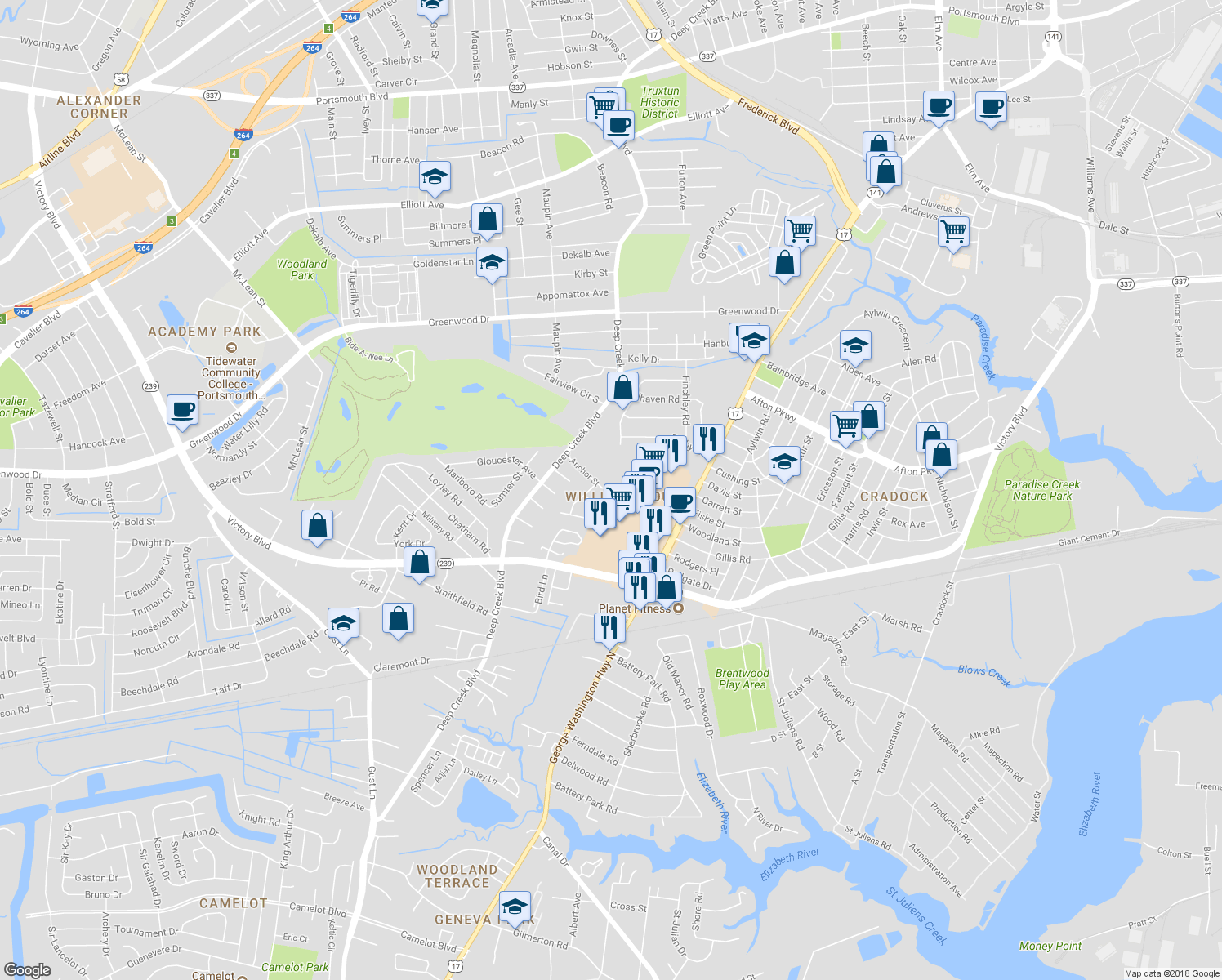 map of restaurants, bars, coffee shops, grocery stores, and more near 140 Anchor Street in Portsmouth