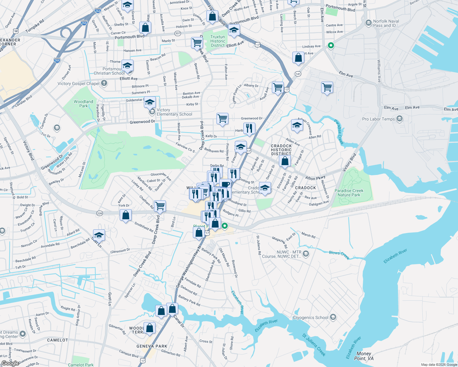 map of restaurants, bars, coffee shops, grocery stores, and more near 4500 George Washington Highway in Portsmouth