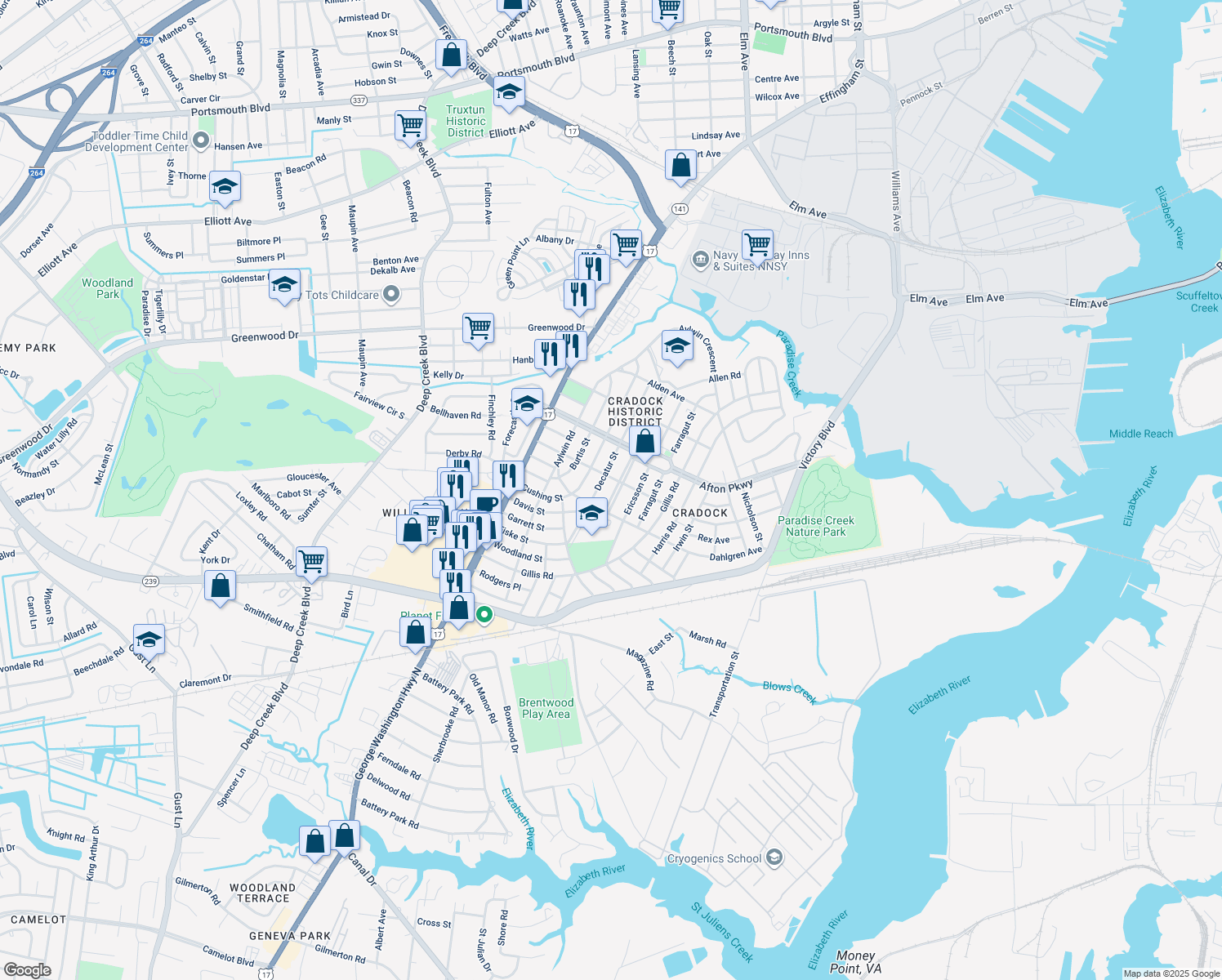 map of restaurants, bars, coffee shops, grocery stores, and more near 53 Prospect Parkway in Portsmouth