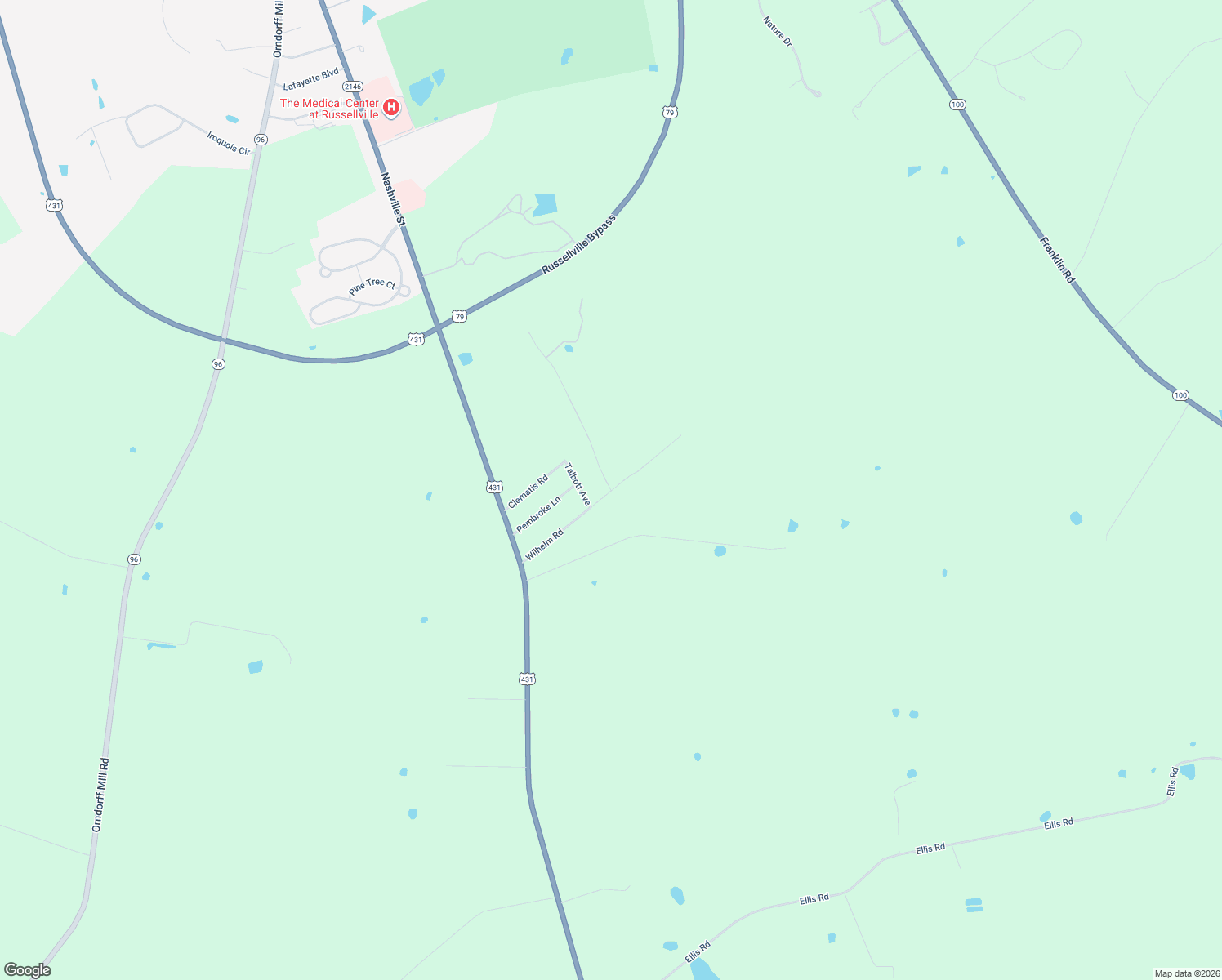 map of restaurants, bars, coffee shops, grocery stores, and more near 100 Oakdale Drive in Russellville