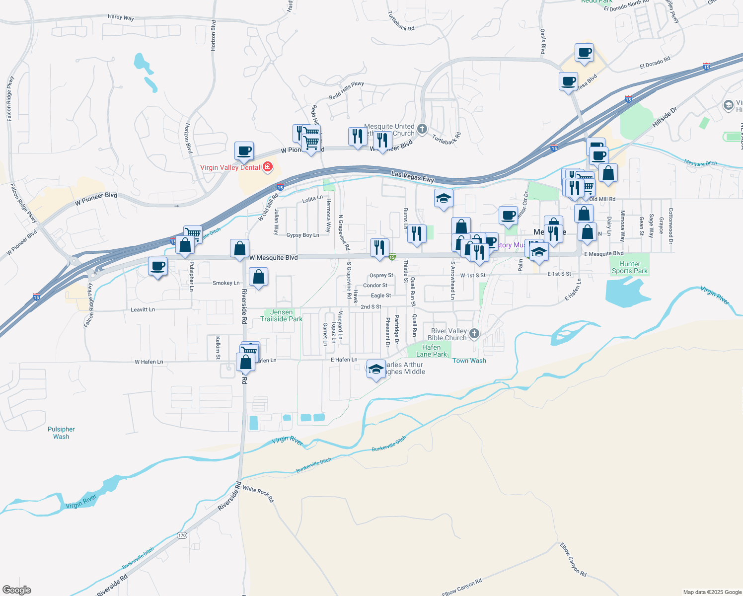 map of restaurants, bars, coffee shops, grocery stores, and more near 562 Eagle St in Mesquite