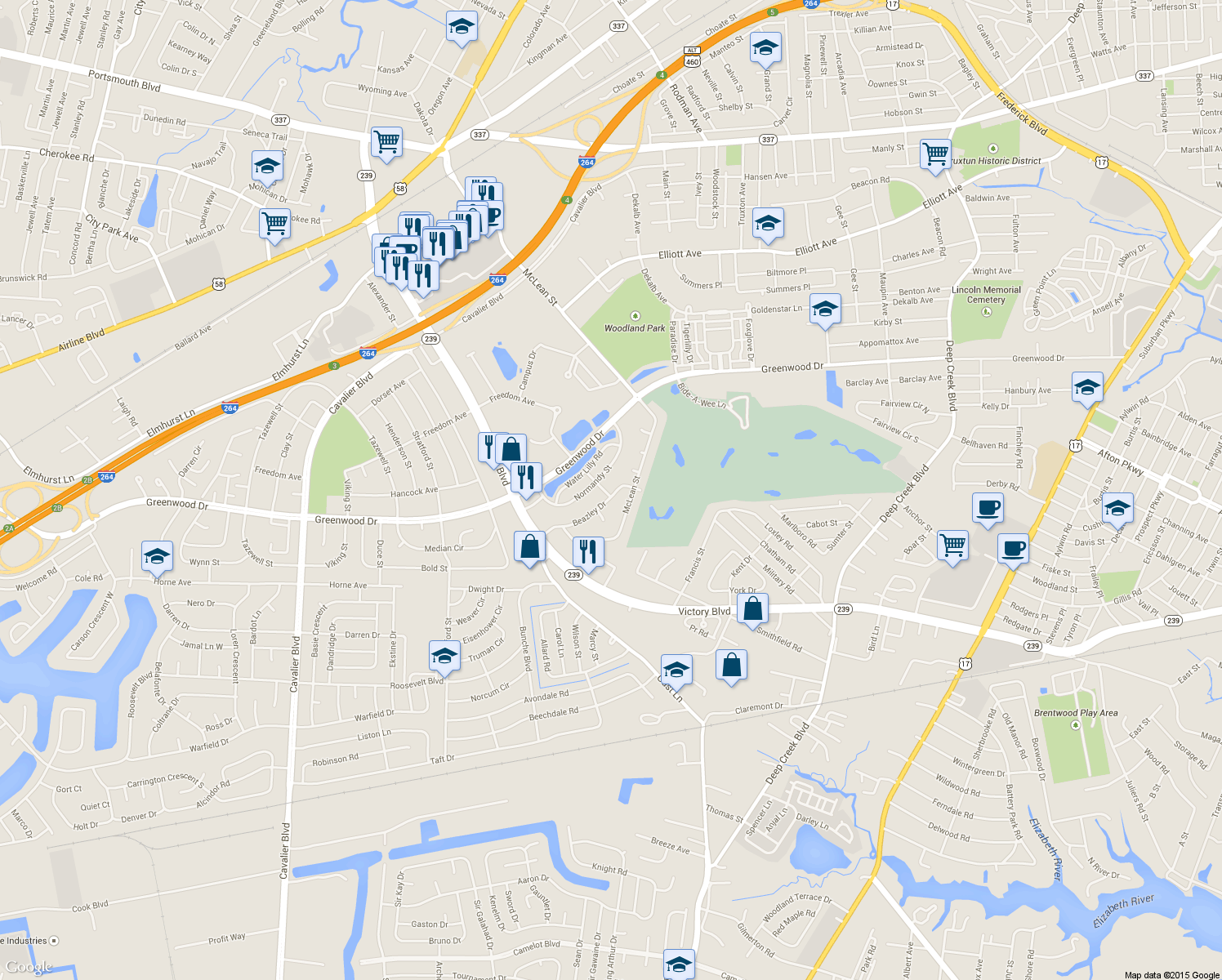 map of restaurants, bars, coffee shops, grocery stores, and more near 111 Beazley Drive in Portsmouth