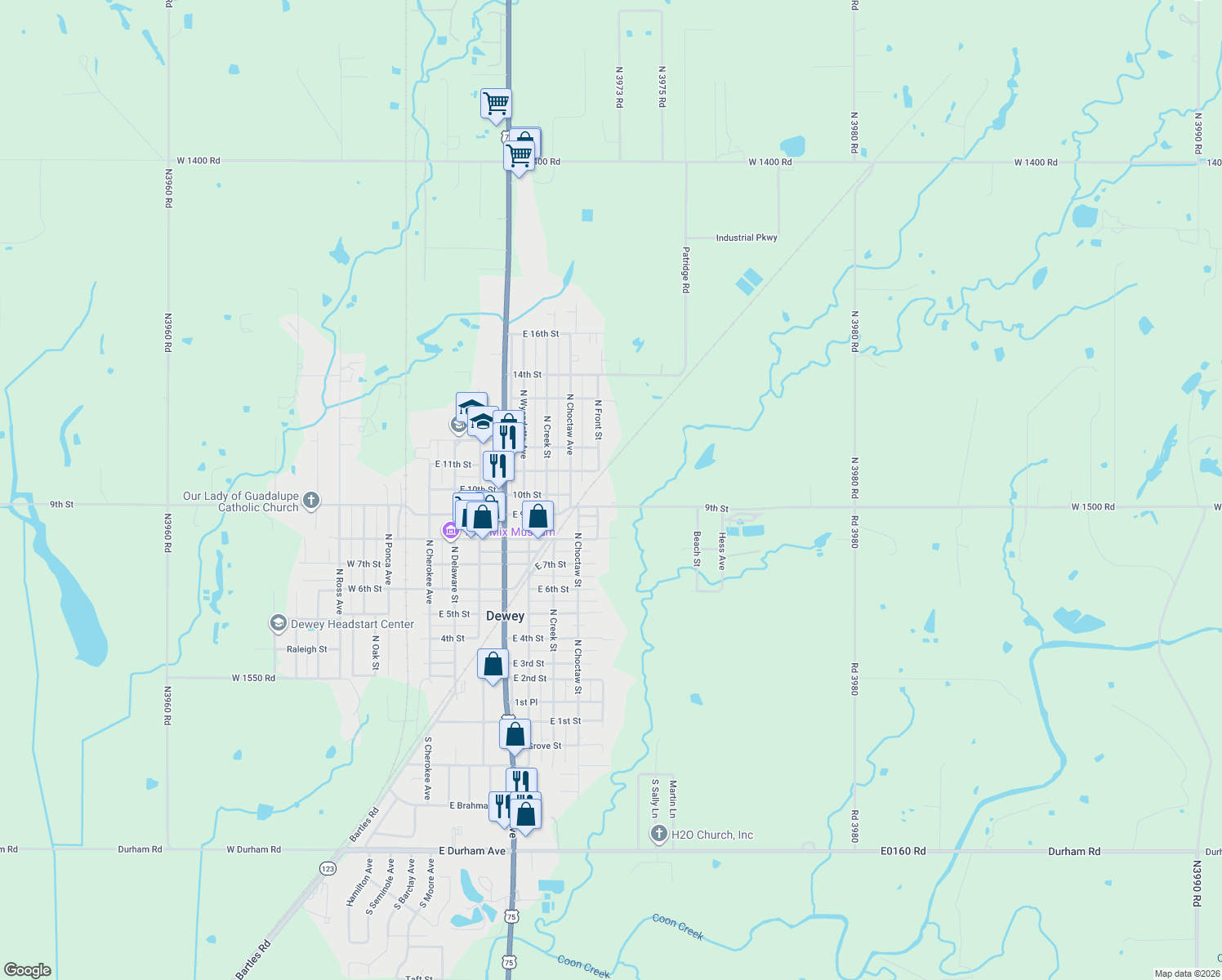 map of restaurants, bars, coffee shops, grocery stores, and more near 927 Portland Avenue in Dewey