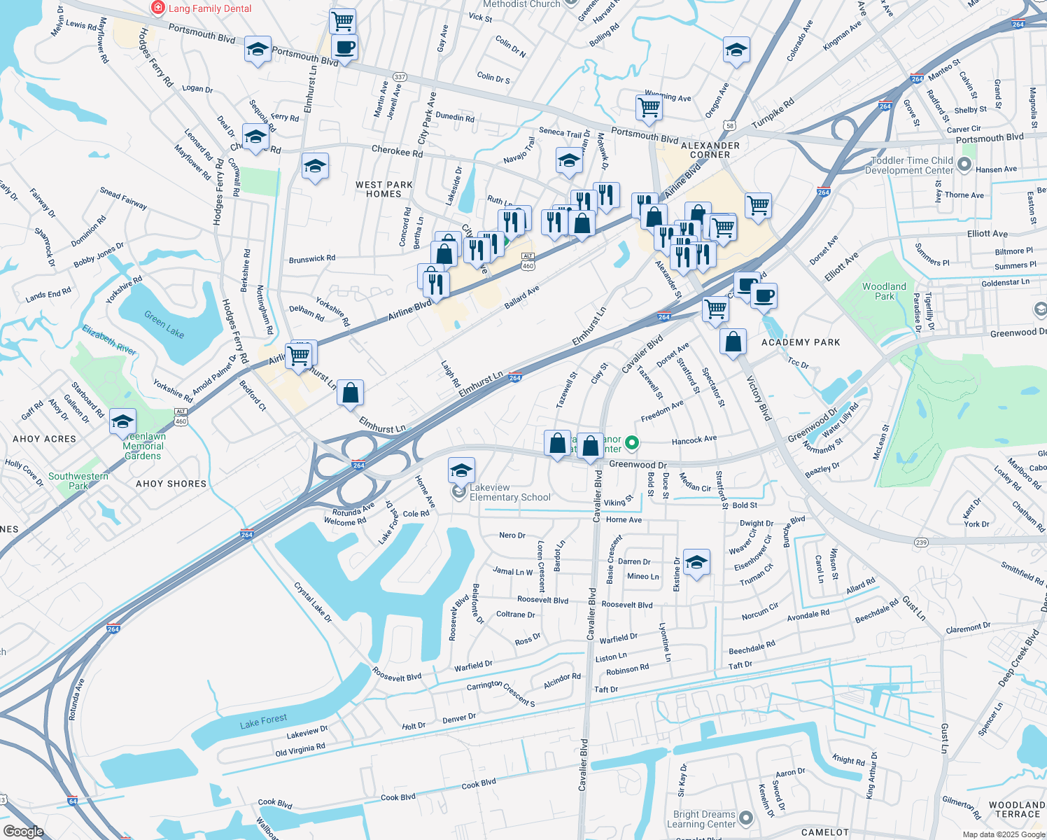 map of restaurants, bars, coffee shops, grocery stores, and more near 1617 Darren Cir in Portsmouth