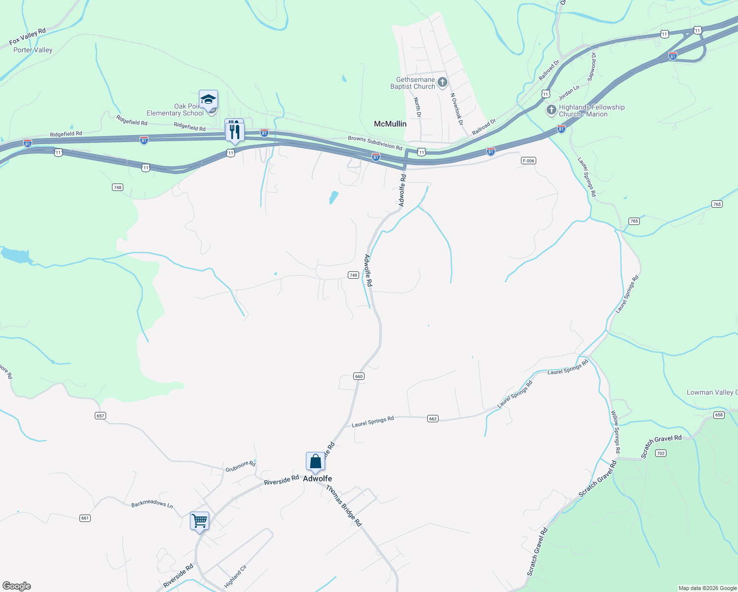 map of restaurants, bars, coffee shops, grocery stores, and more near 426 Adwolfe Road in Marion