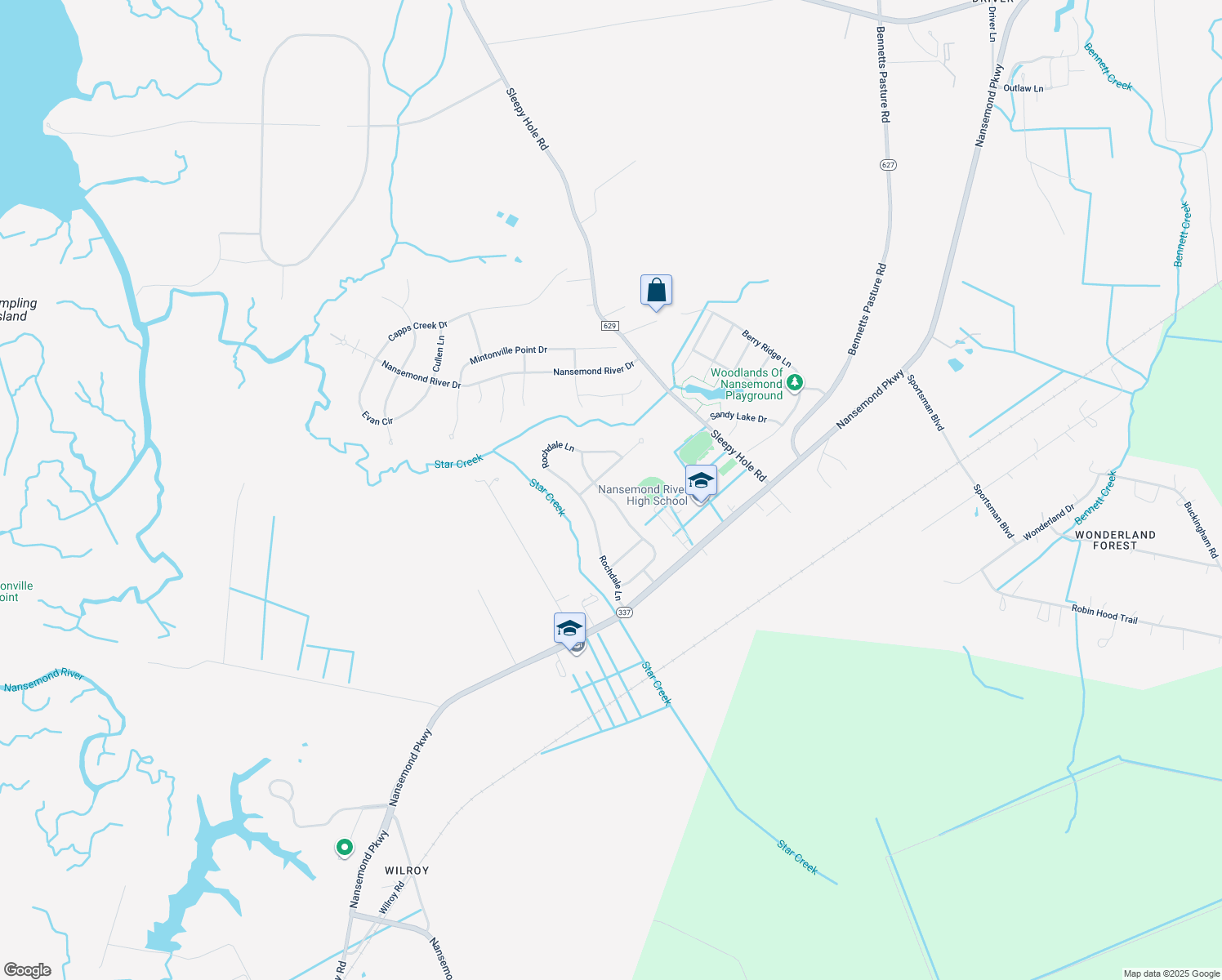 map of restaurants, bars, coffee shops, grocery stores, and more near 149 Kennet Drive in Suffolk