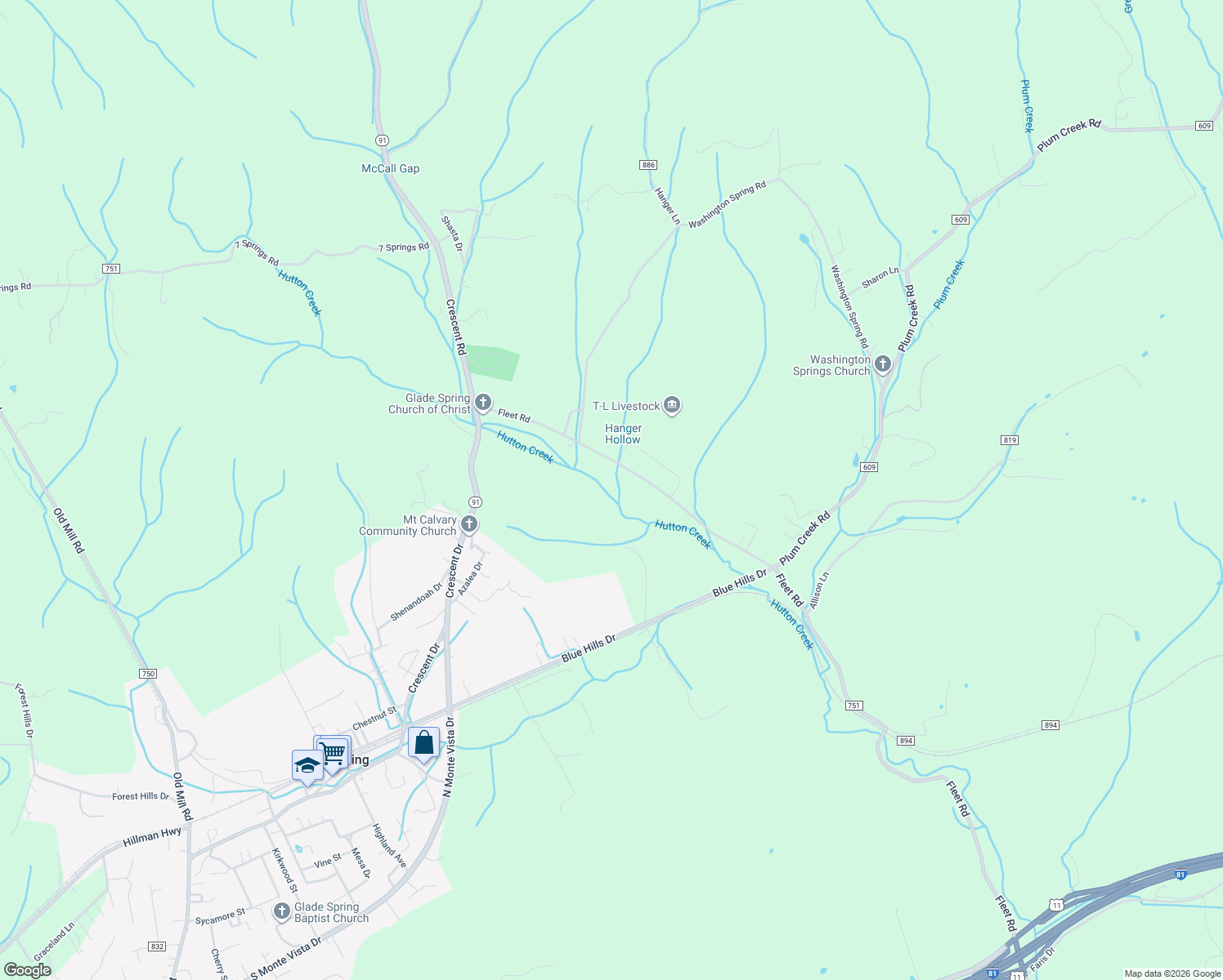 map of restaurants, bars, coffee shops, grocery stores, and more near 35204 Fleet Road in Glade Spring