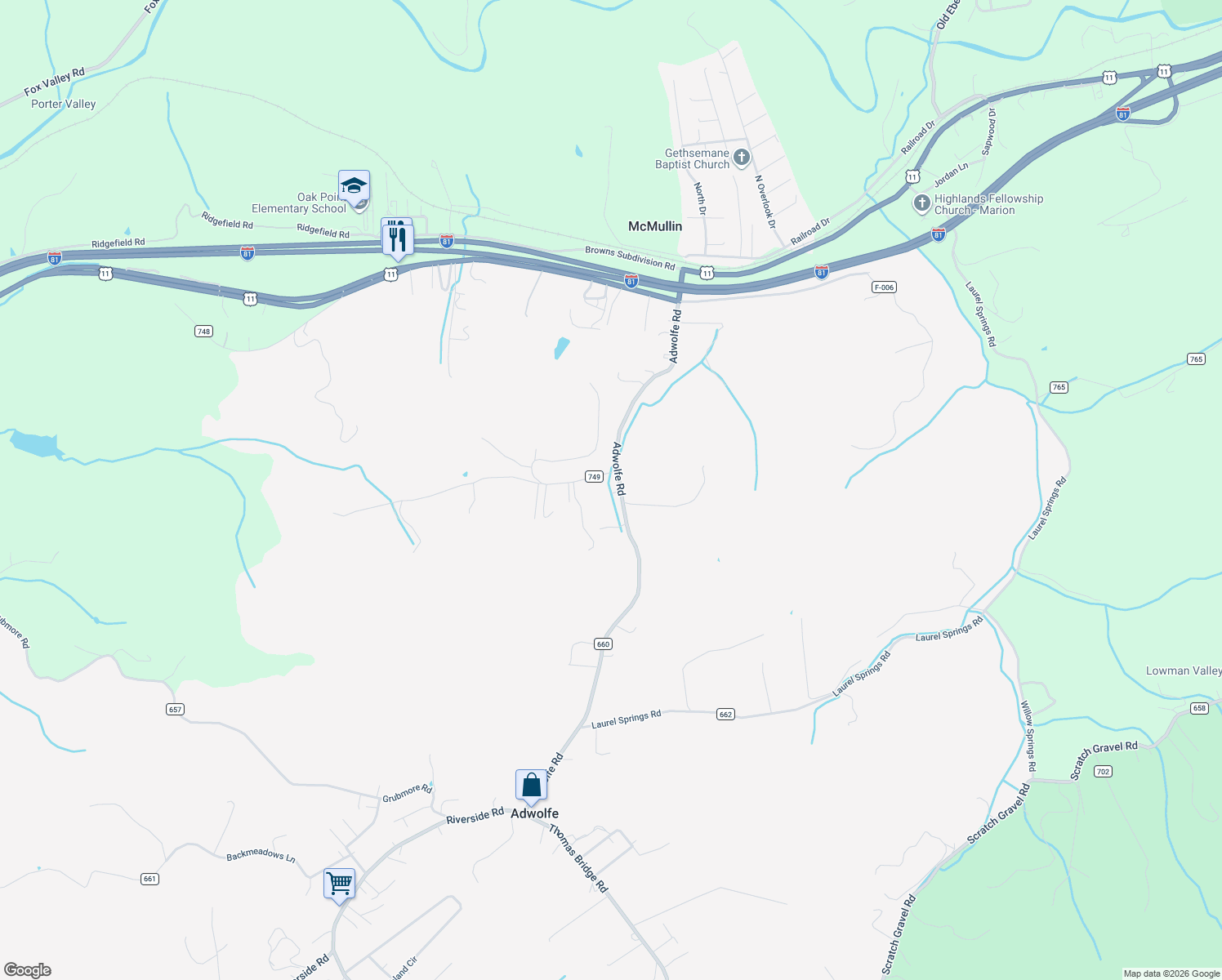 map of restaurants, bars, coffee shops, grocery stores, and more near 426 Adwolfe Road in Marion