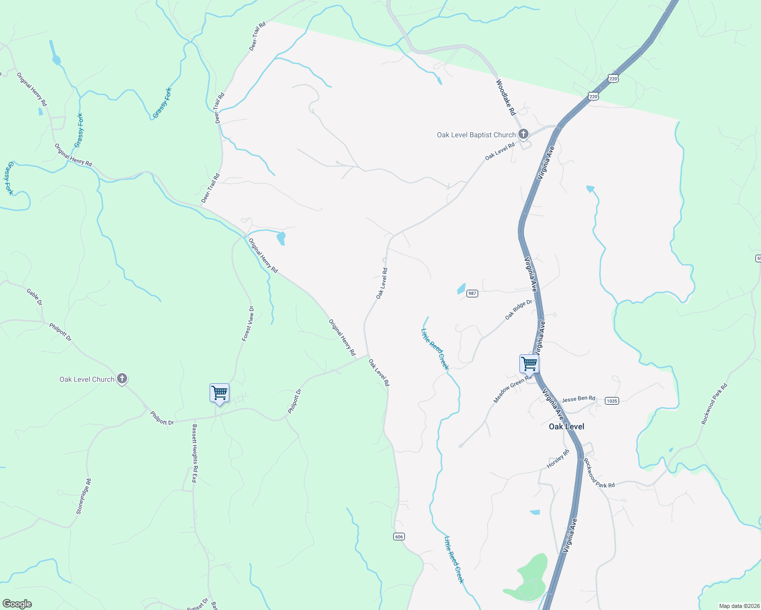 map of restaurants, bars, coffee shops, grocery stores, and more near 6586-6924 Oak Level Road in Bassett
