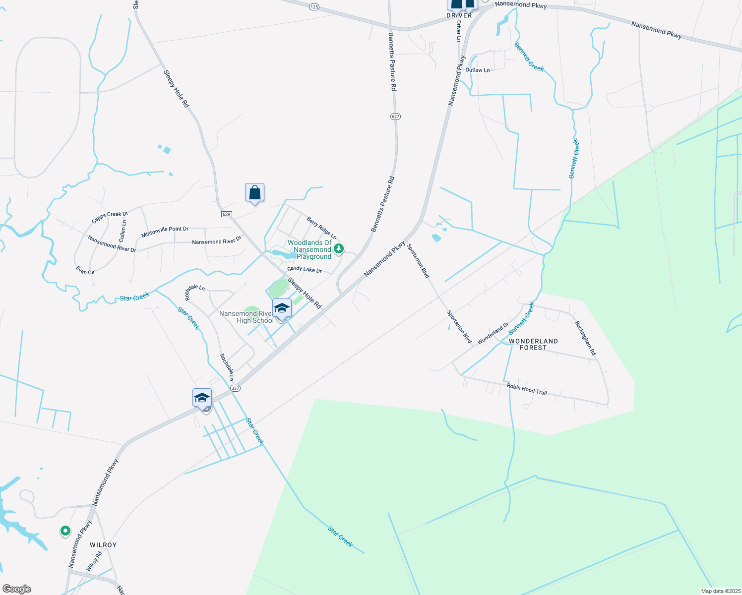 map of restaurants, bars, coffee shops, grocery stores, and more near 113 Mann Road in Suffolk