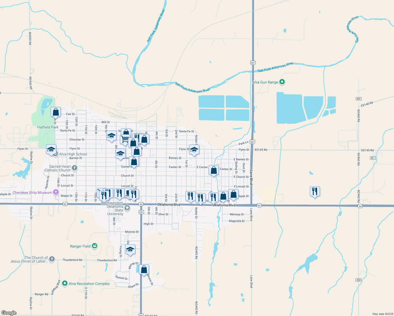 map of restaurants, bars, coffee shops, grocery stores, and more near 110 East Barnes Avenue in Alva