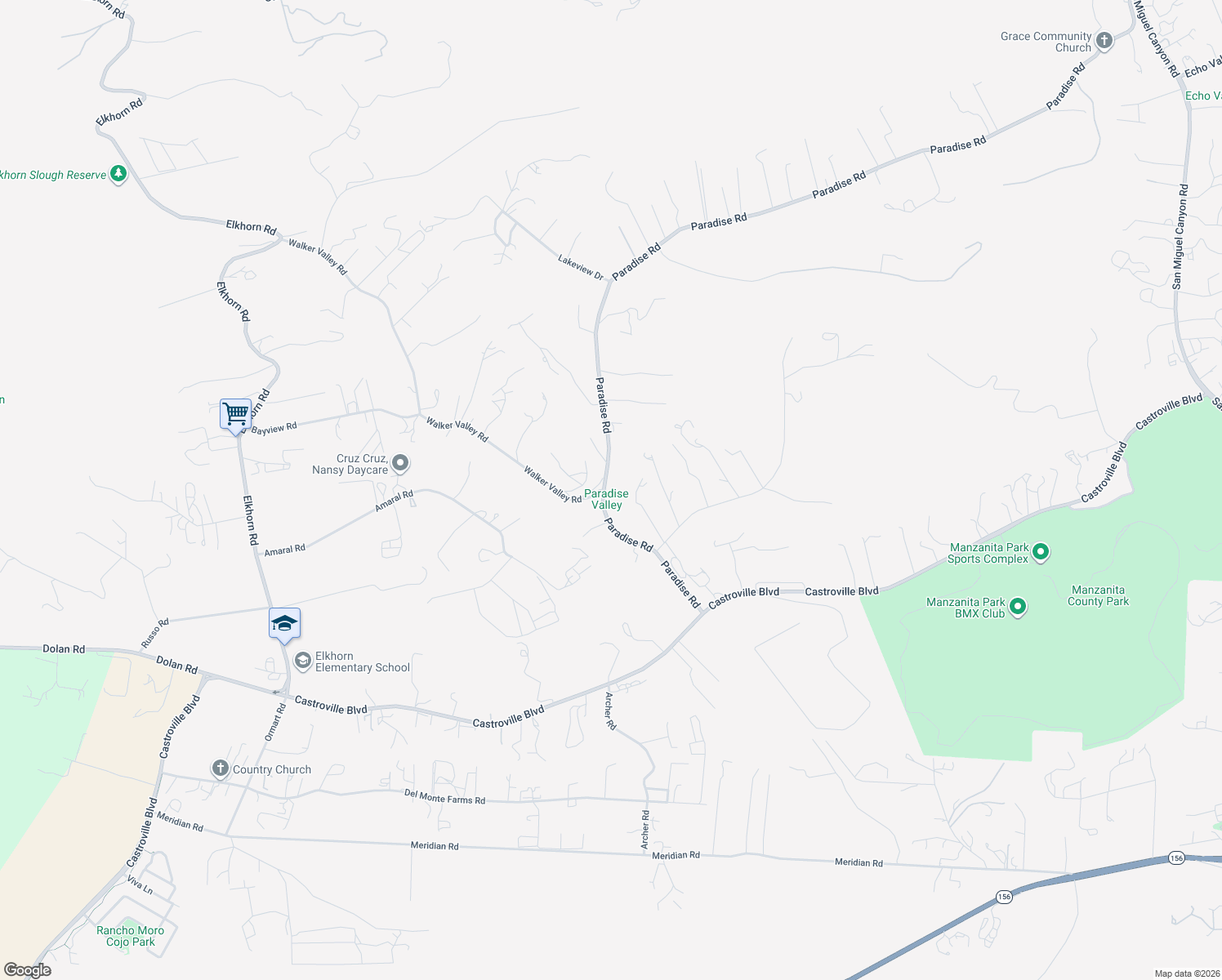 map of restaurants, bars, coffee shops, grocery stores, and more near 150 Paradise Road in Salinas
