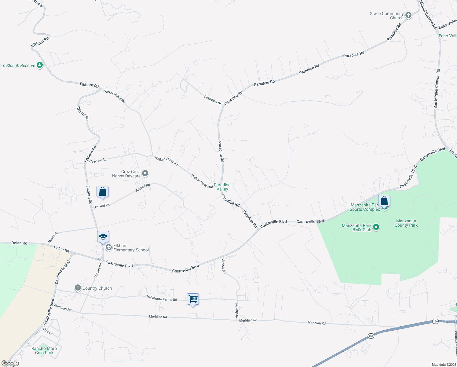 map of restaurants, bars, coffee shops, grocery stores, and more near 150 Paradise Road in Salinas