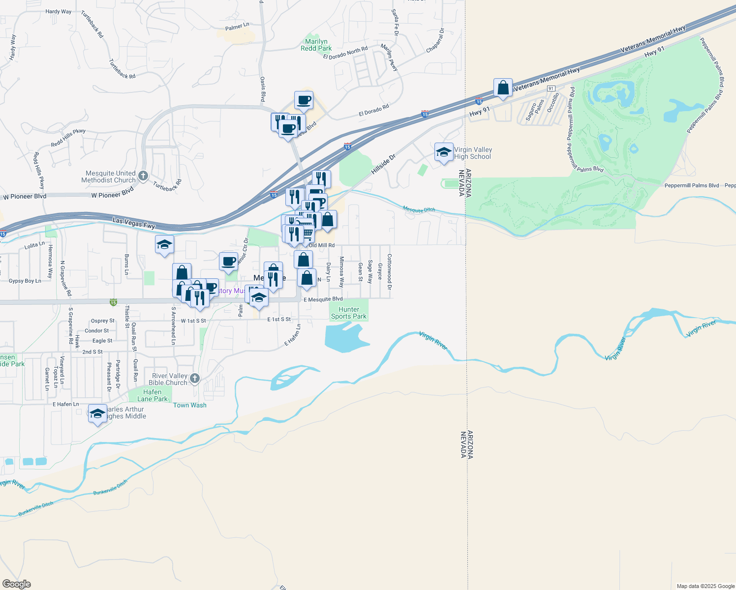 map of restaurants, bars, coffee shops, grocery stores, and more near 565 East Mesquite Boulevard in Mesquite