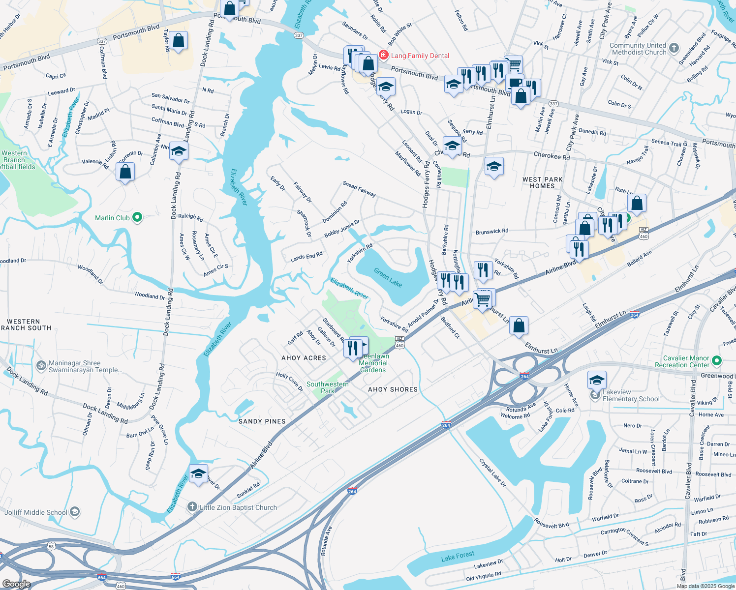 map of restaurants, bars, coffee shops, grocery stores, and more near 160 Yorkshire Road in Portsmouth