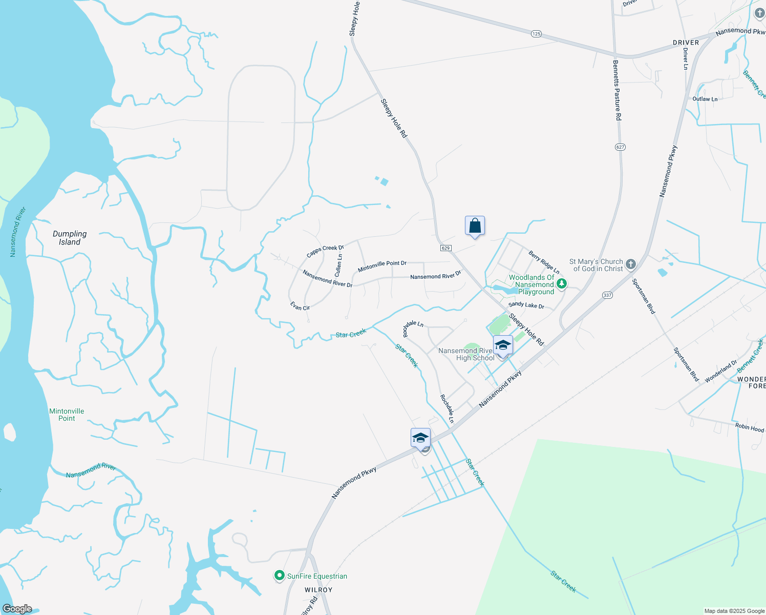 map of restaurants, bars, coffee shops, grocery stores, and more near 3360 Star Creek Ct in Suffolk