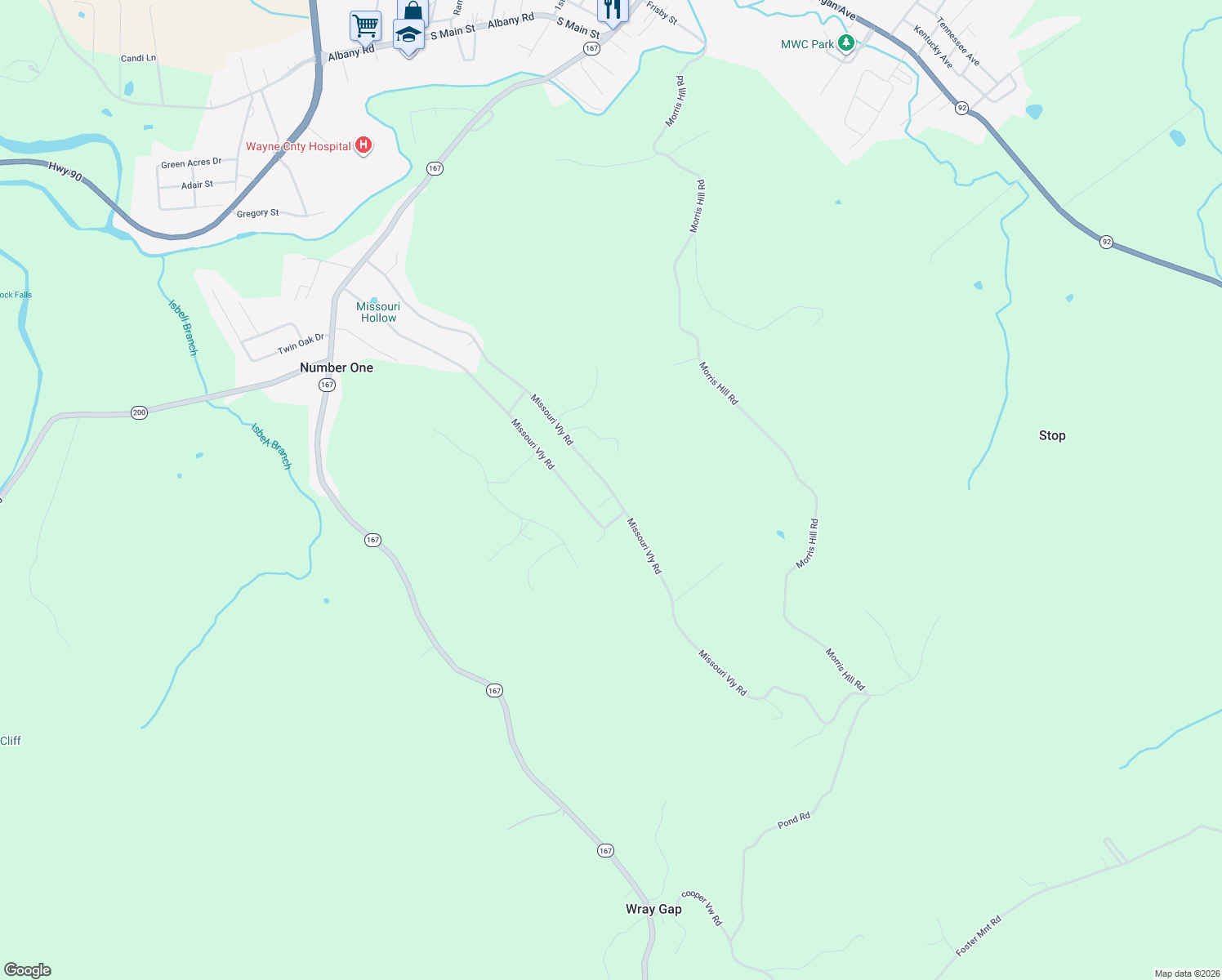 map of restaurants, bars, coffee shops, grocery stores, and more near Missouri Hollow Road in Monticello
