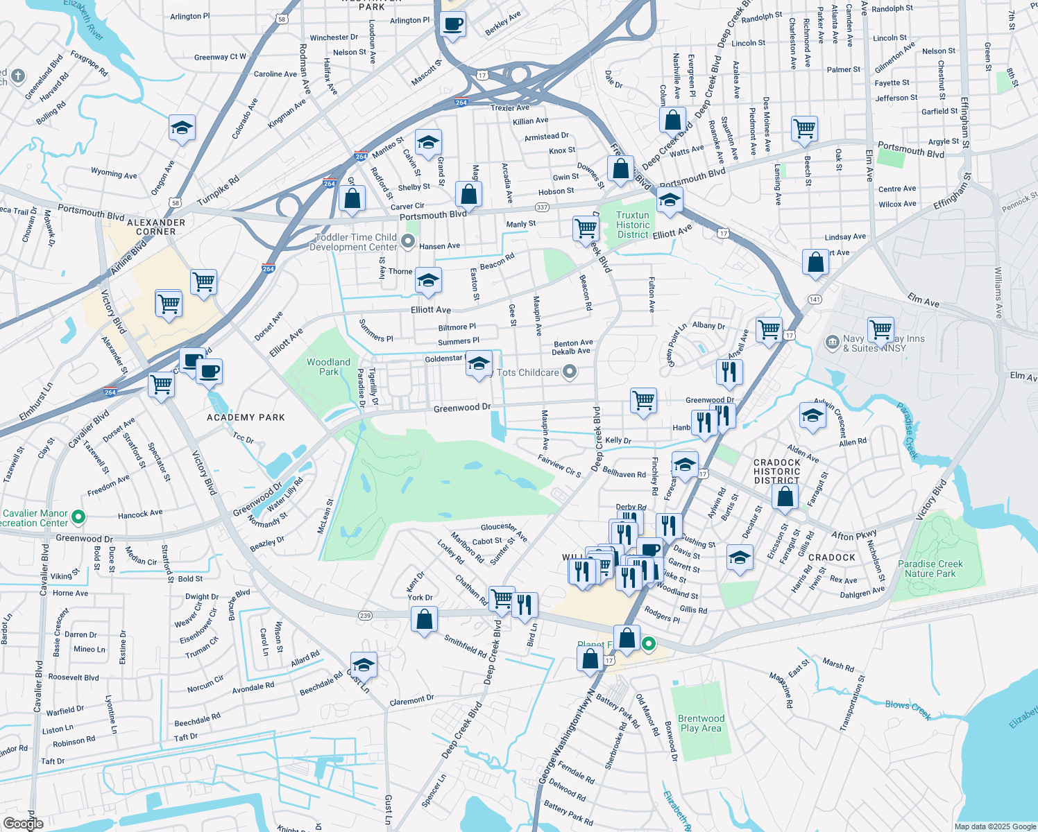 map of restaurants, bars, coffee shops, grocery stores, and more near 2736 Barclay Ave in Portsmouth