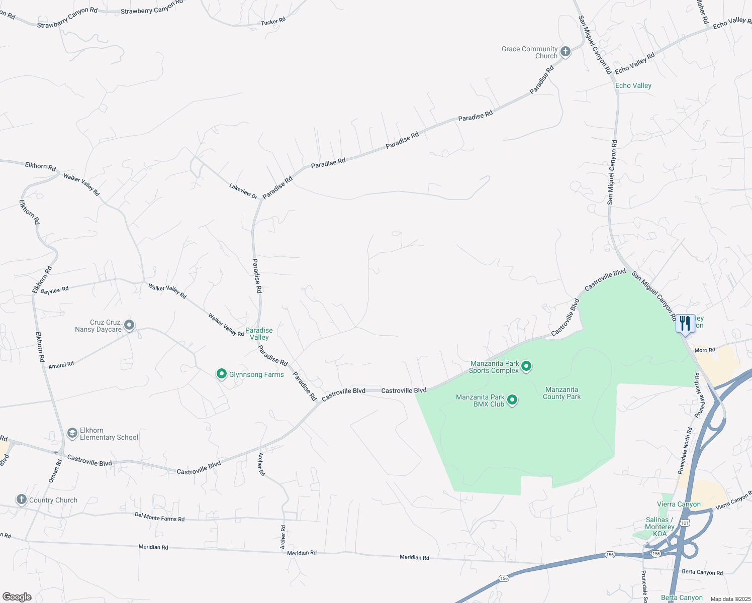 map of restaurants, bars, coffee shops, grocery stores, and more near 58 Desmond Road in Salinas