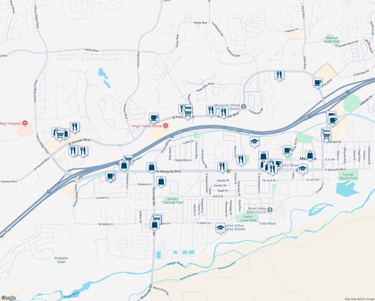 map of restaurants, bars, coffee shops, grocery stores, and more near 228 Hiawatha Way in Mesquite