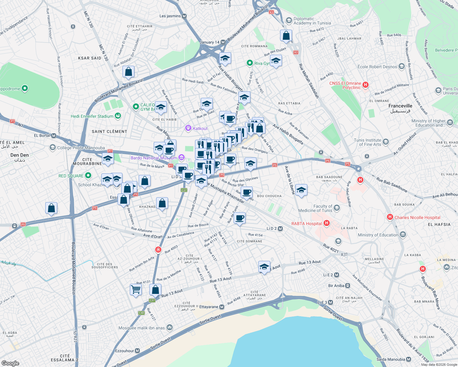 map of restaurants, bars, coffee shops, grocery stores, and more near Rue.Farhat Hached in Le Bardo