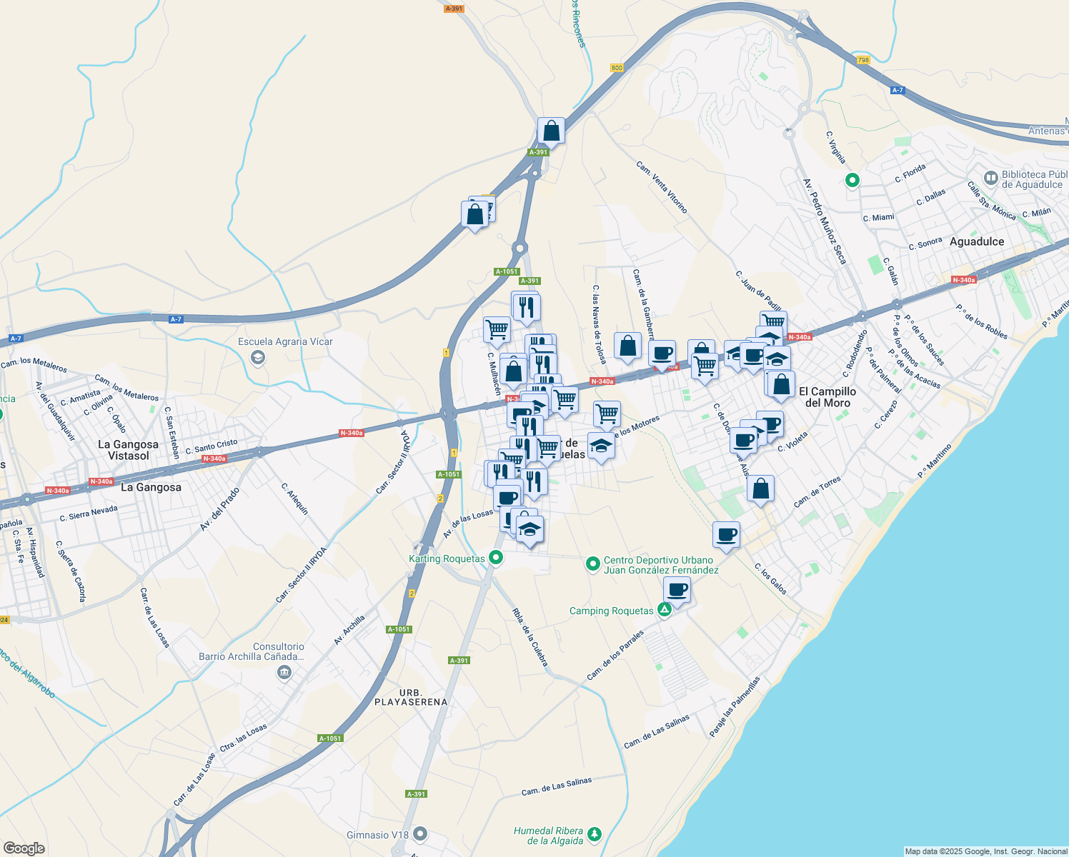 map of restaurants, bars, coffee shops, grocery stores, and more near Carretera de Alicun in El Parador de las Hortichuelas