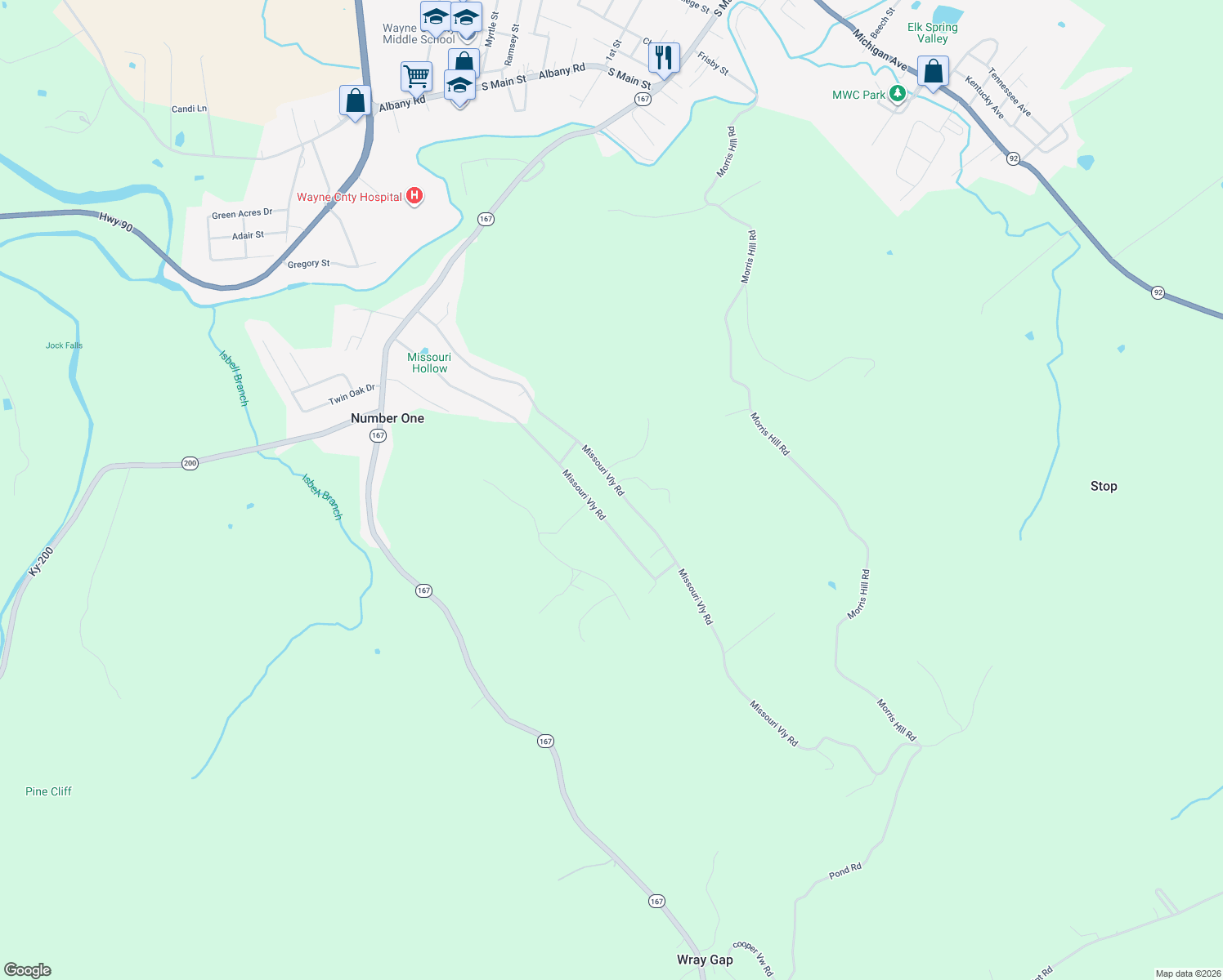 map of restaurants, bars, coffee shops, grocery stores, and more near Missouri Hollow Road in Monticello