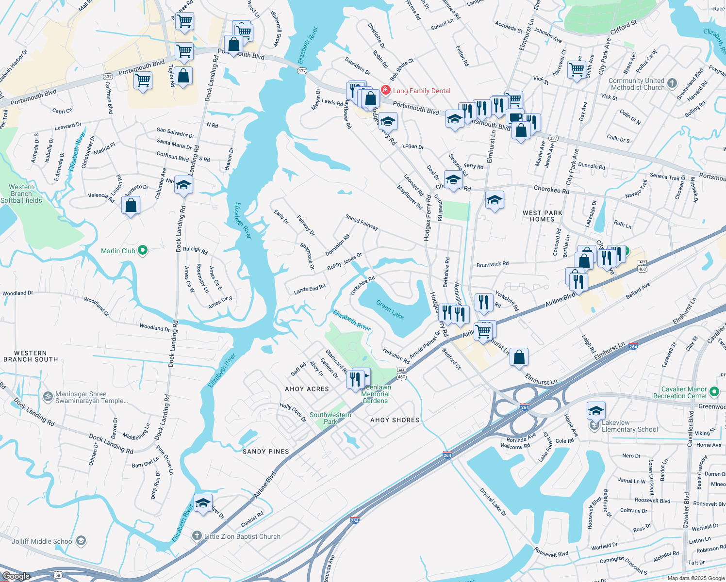 map of restaurants, bars, coffee shops, grocery stores, and more near 131 Yorkshire Road in Portsmouth