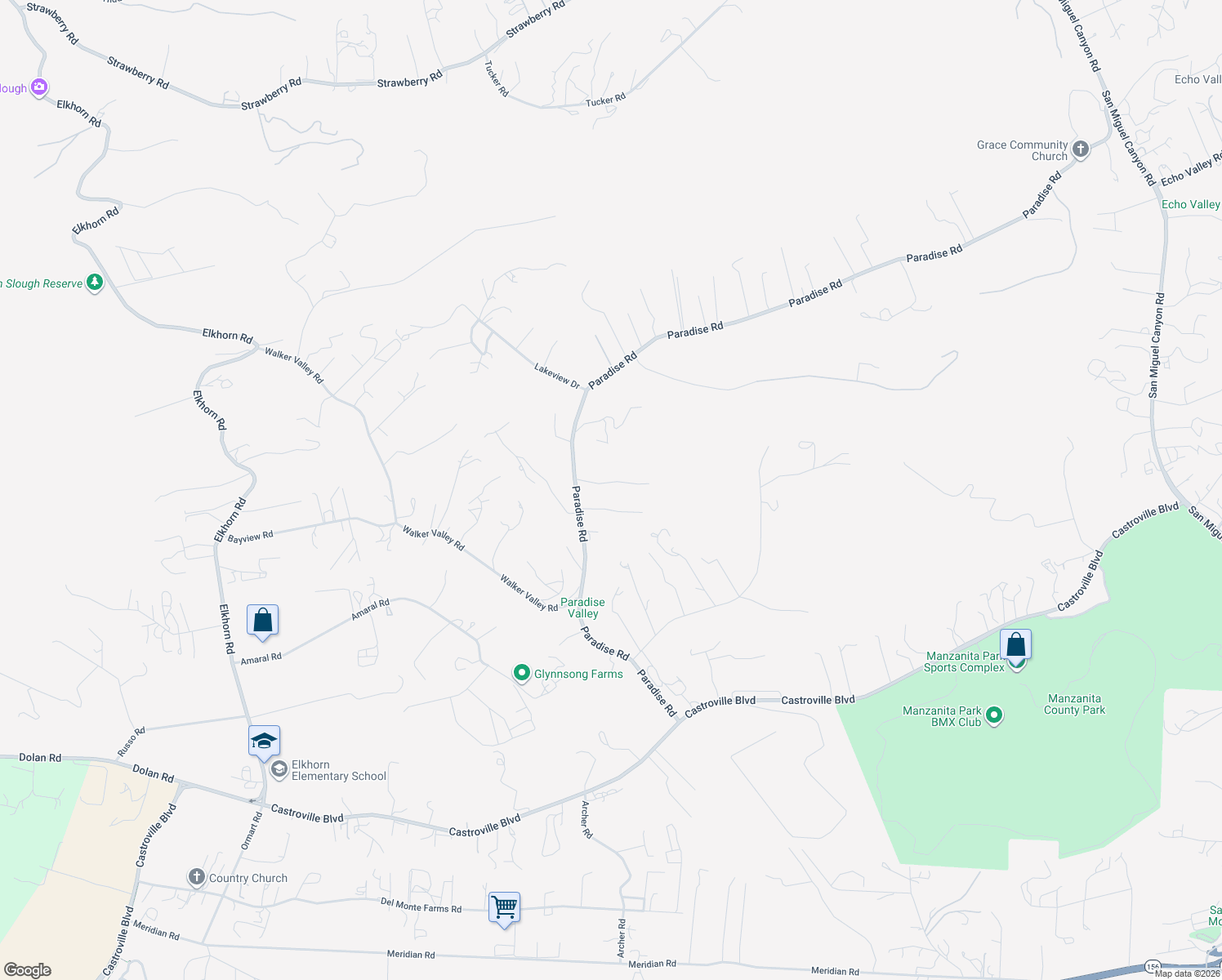 map of restaurants, bars, coffee shops, grocery stores, and more near 7463 Paradise Road in Salinas