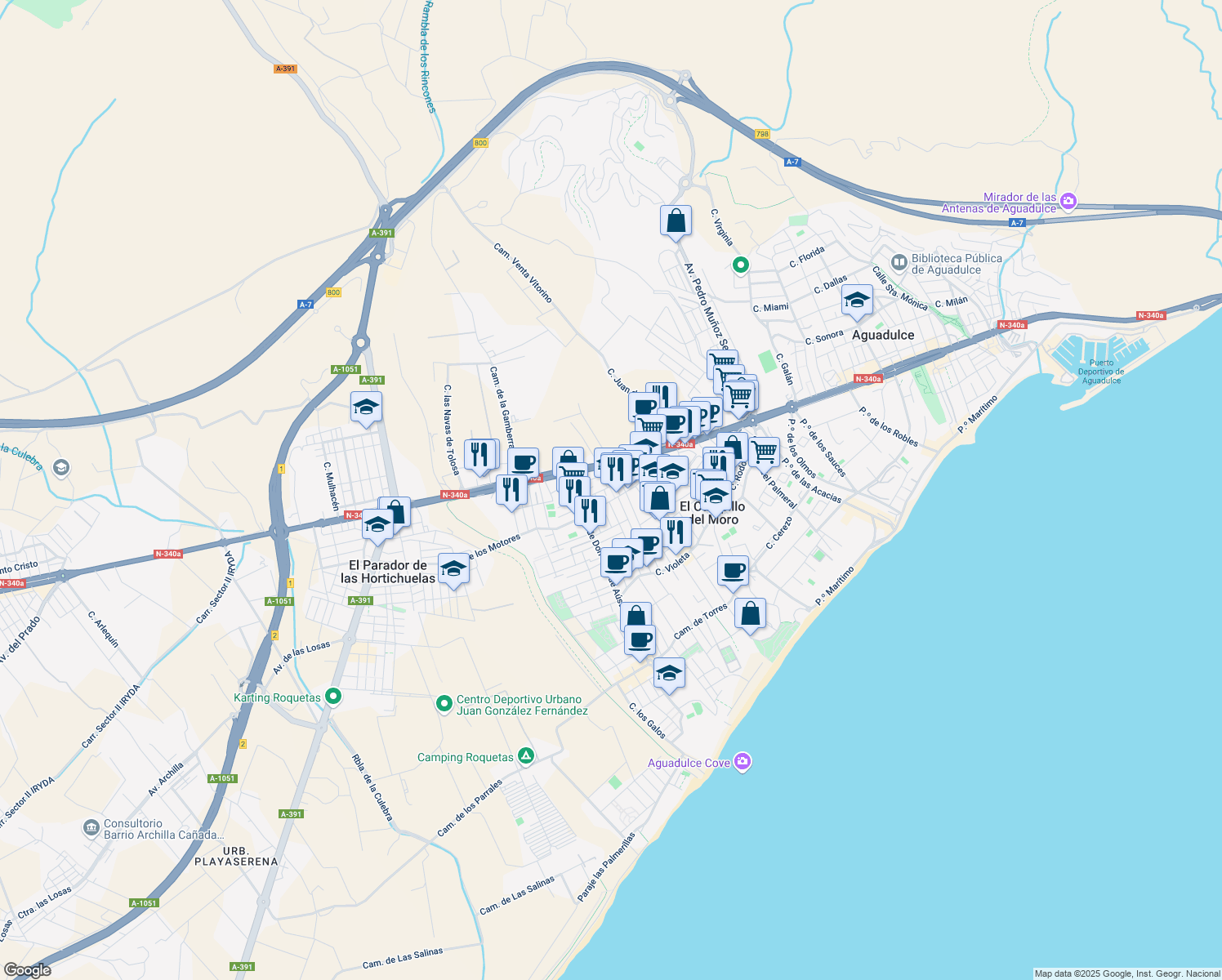 map of restaurants, bars, coffee shops, grocery stores, and more near in Roquetas de Mar