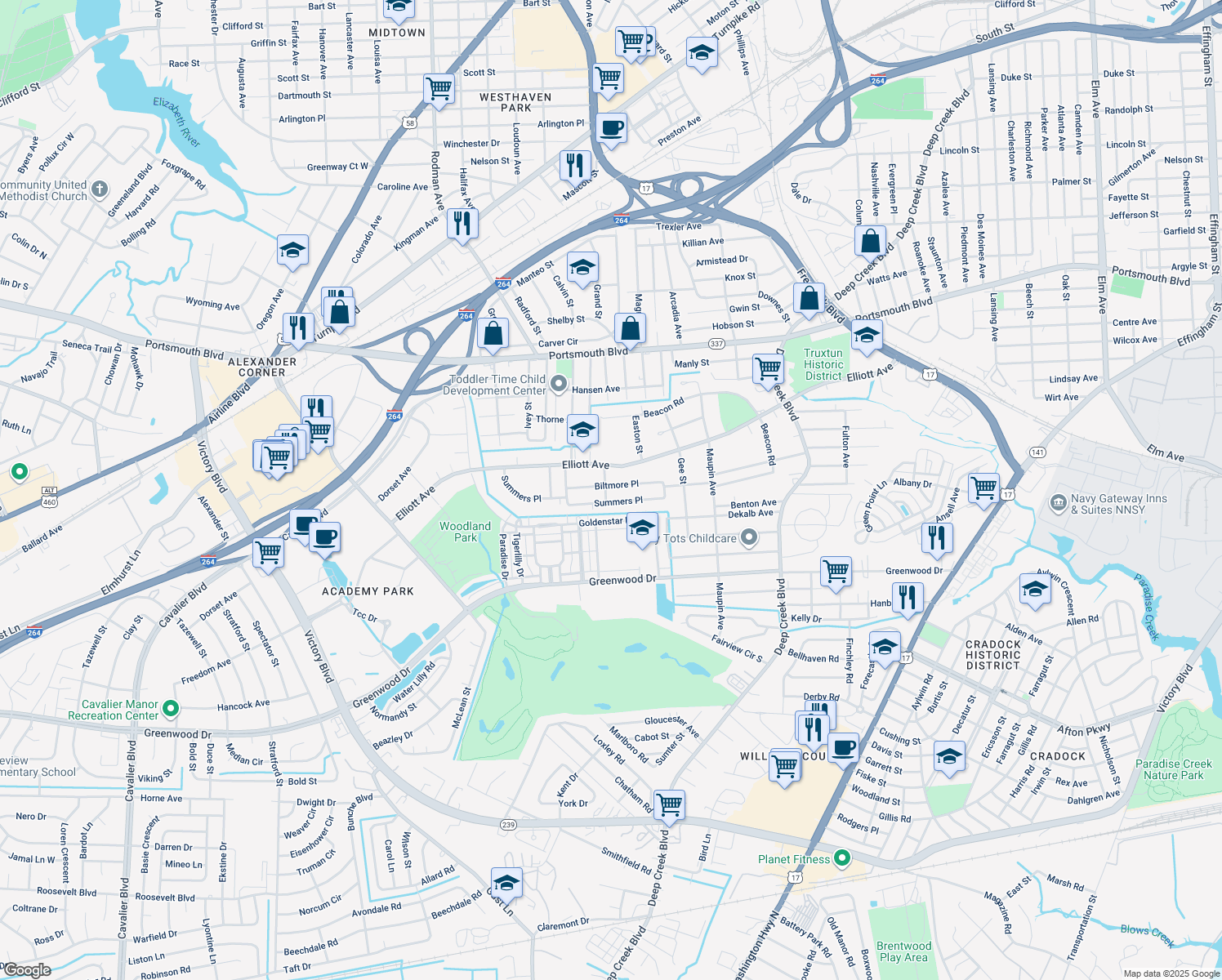 map of restaurants, bars, coffee shops, grocery stores, and more near 414 Biltmore Place in Portsmouth