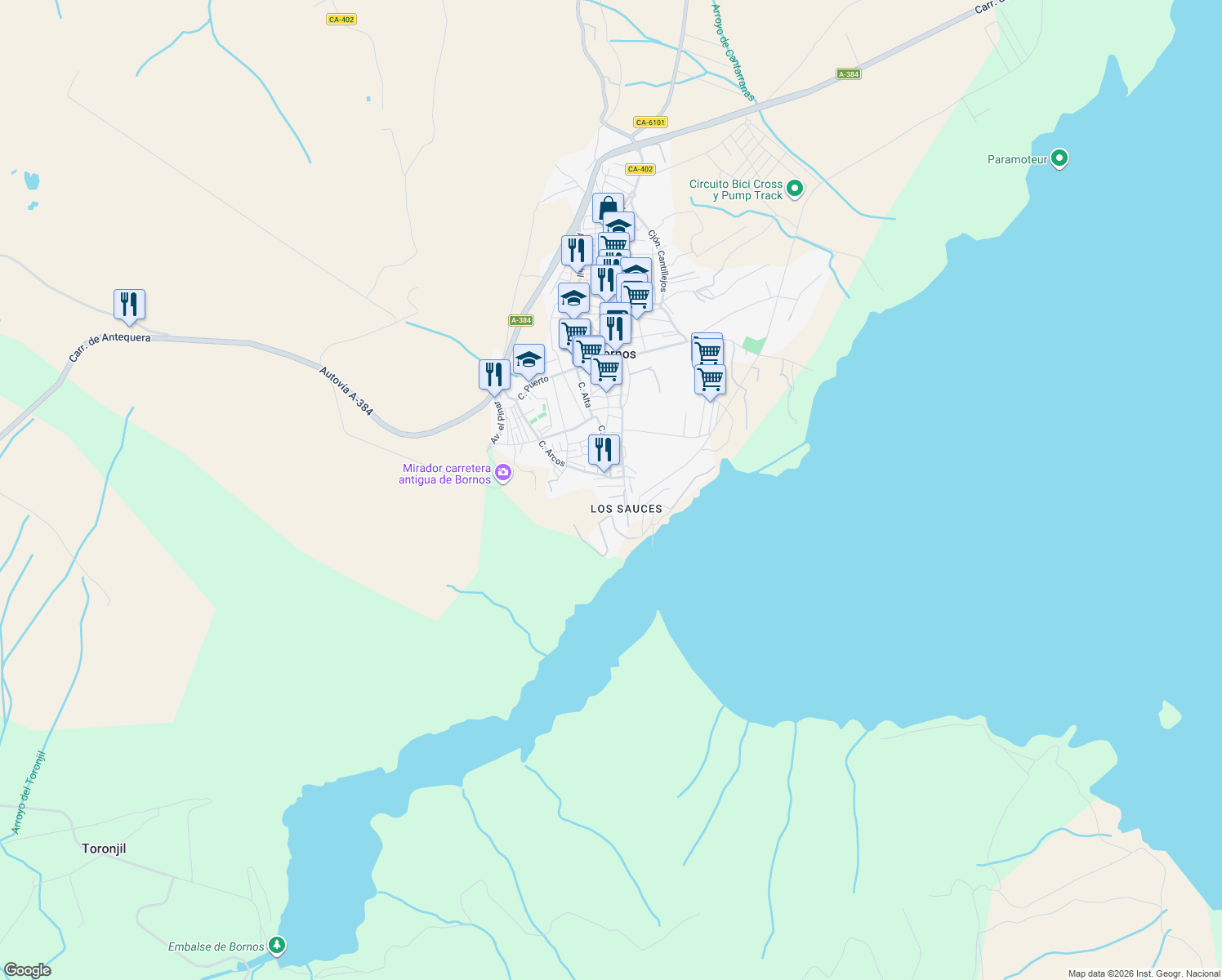 map of restaurants, bars, coffee shops, grocery stores, and more near 9 Calle Lago in Bornos