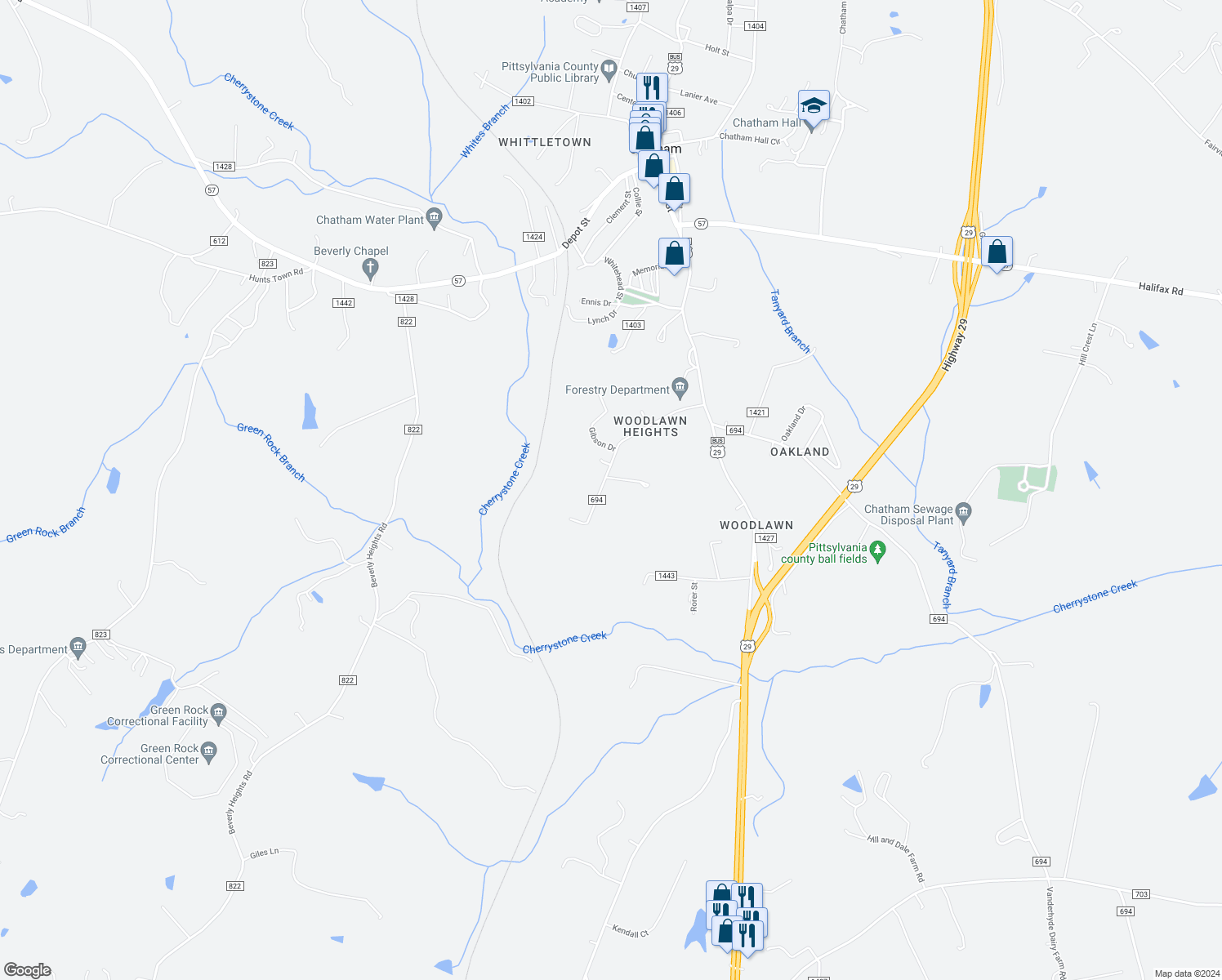 map of restaurants, bars, coffee shops, grocery stores, and more near 214 Woodlawn Heights in Chatham