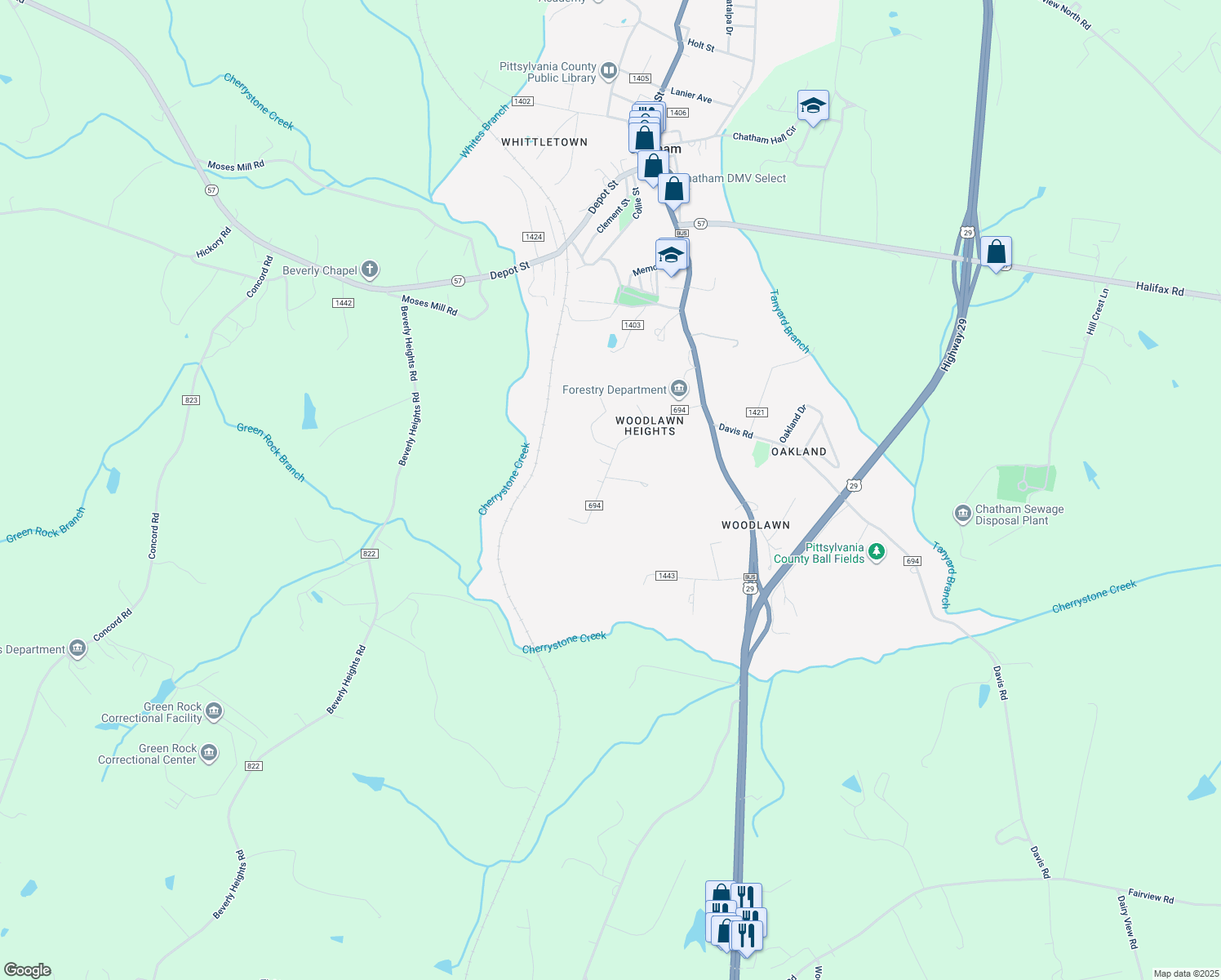 map of restaurants, bars, coffee shops, grocery stores, and more near 214 Woodlawn Heights in Chatham