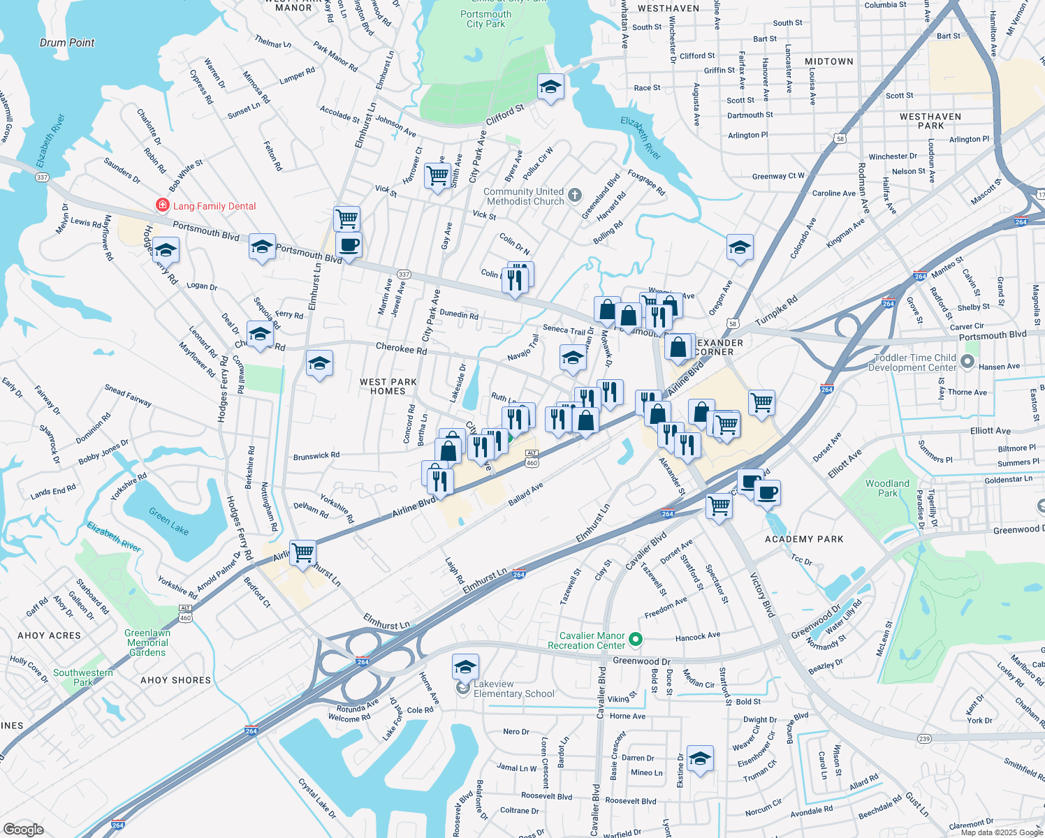 map of restaurants, bars, coffee shops, grocery stores, and more near 225 Mohican Drive in Portsmouth