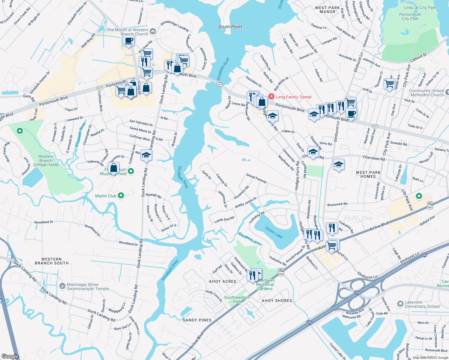 map of restaurants, bars, coffee shops, grocery stores, and more near 18 Fairway Drive in Portsmouth