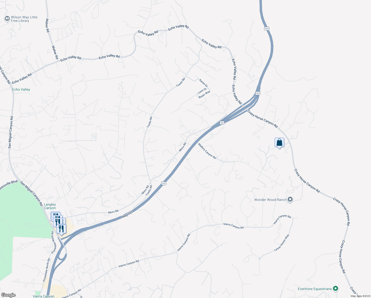map of restaurants, bars, coffee shops, grocery stores, and more near 18810 Moro Road in Salinas