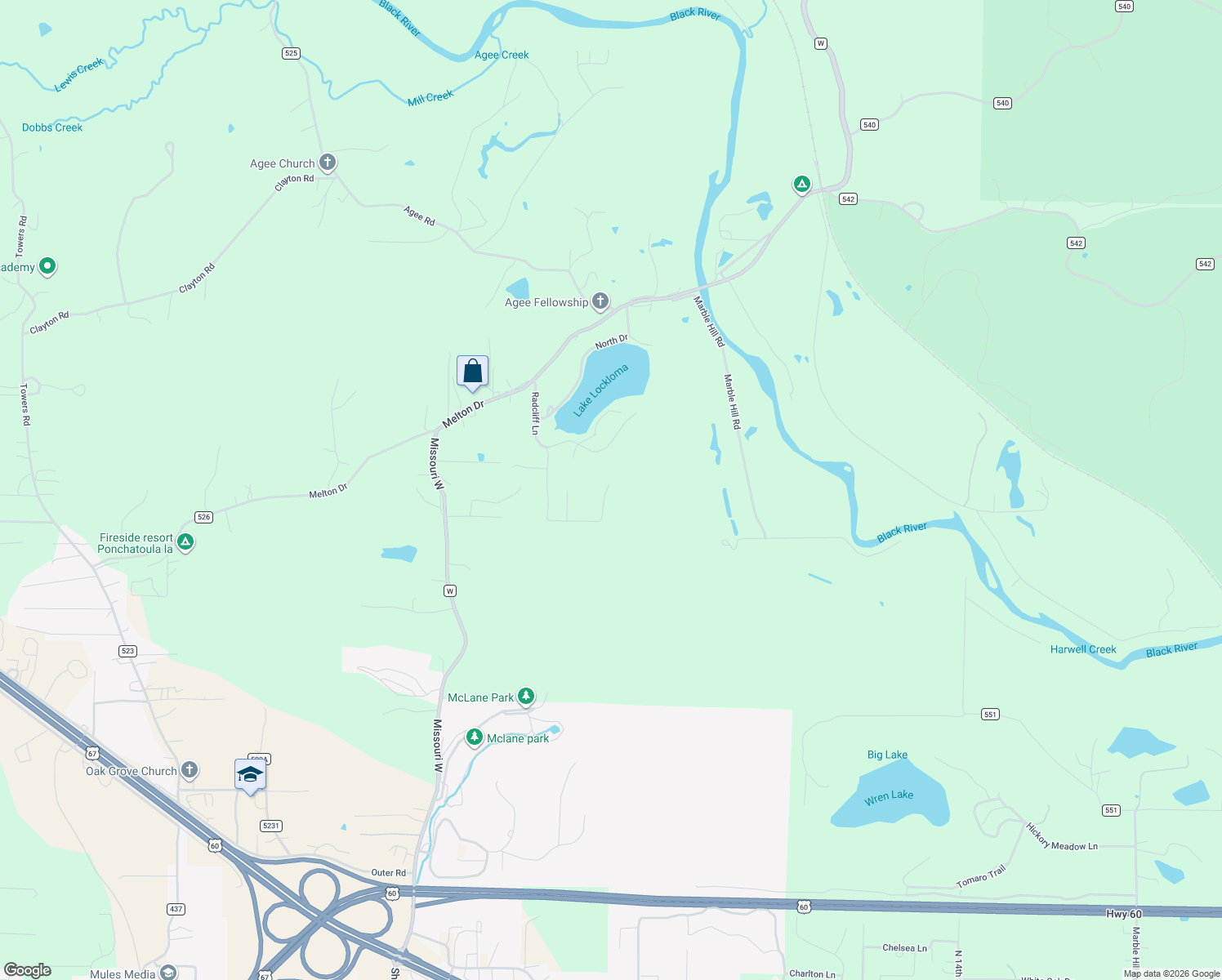 map of restaurants, bars, coffee shops, grocery stores, and more near 684 Radcliff Lane in Poplar Bluff