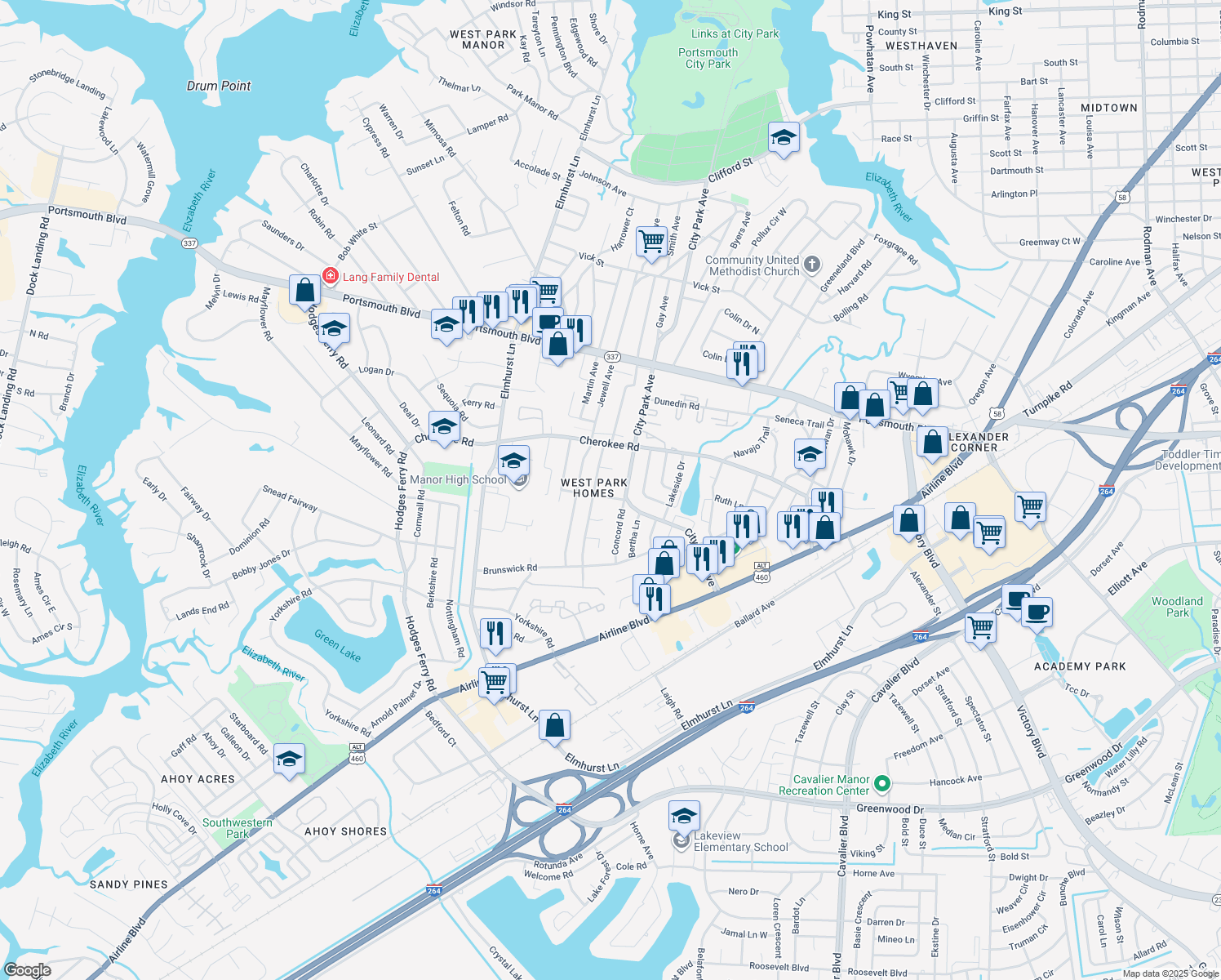 map of restaurants, bars, coffee shops, grocery stores, and more near 804 Dixon Road in Portsmouth