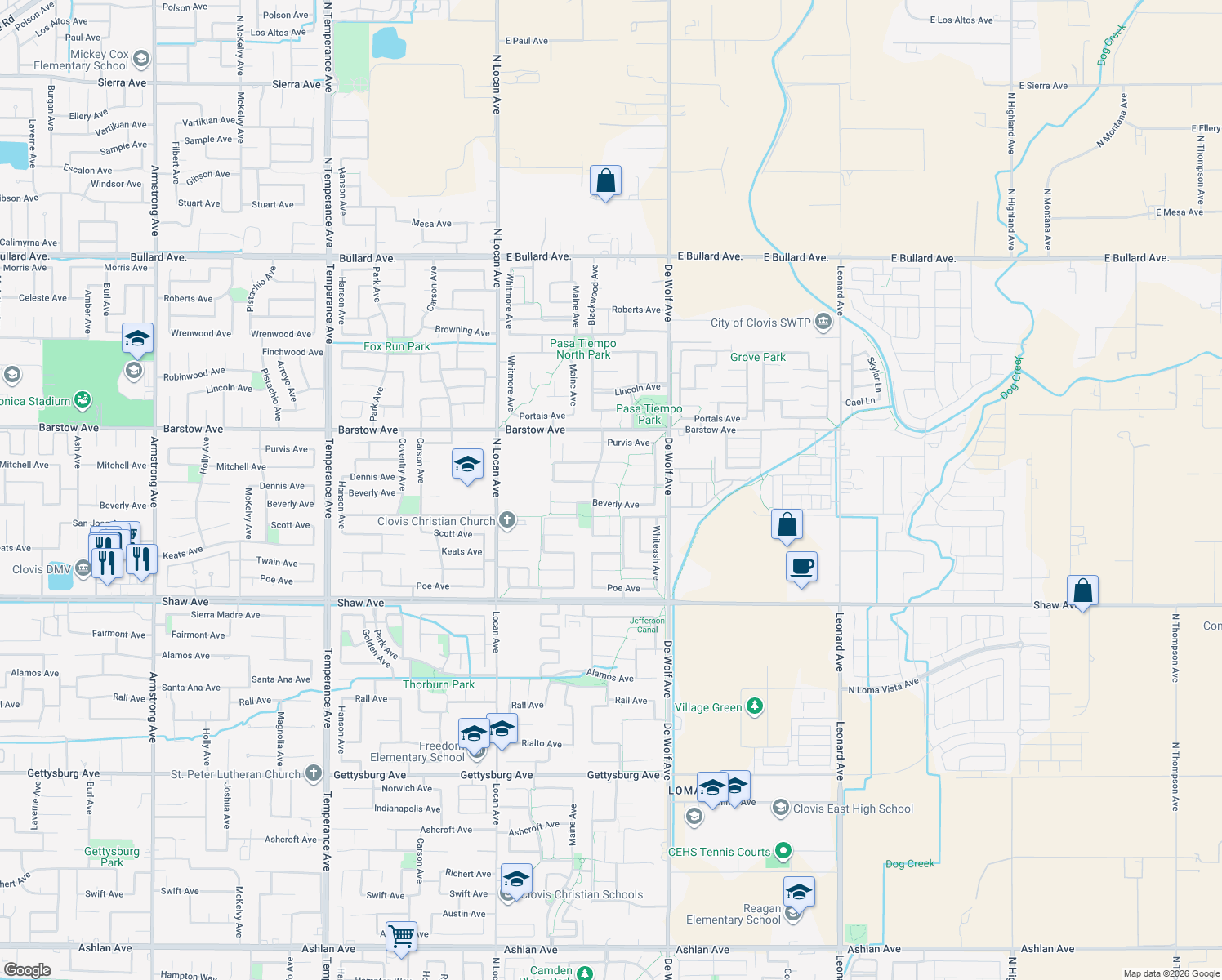 map of restaurants, bars, coffee shops, grocery stores, and more near 3266 Dennis Avenue in Clovis