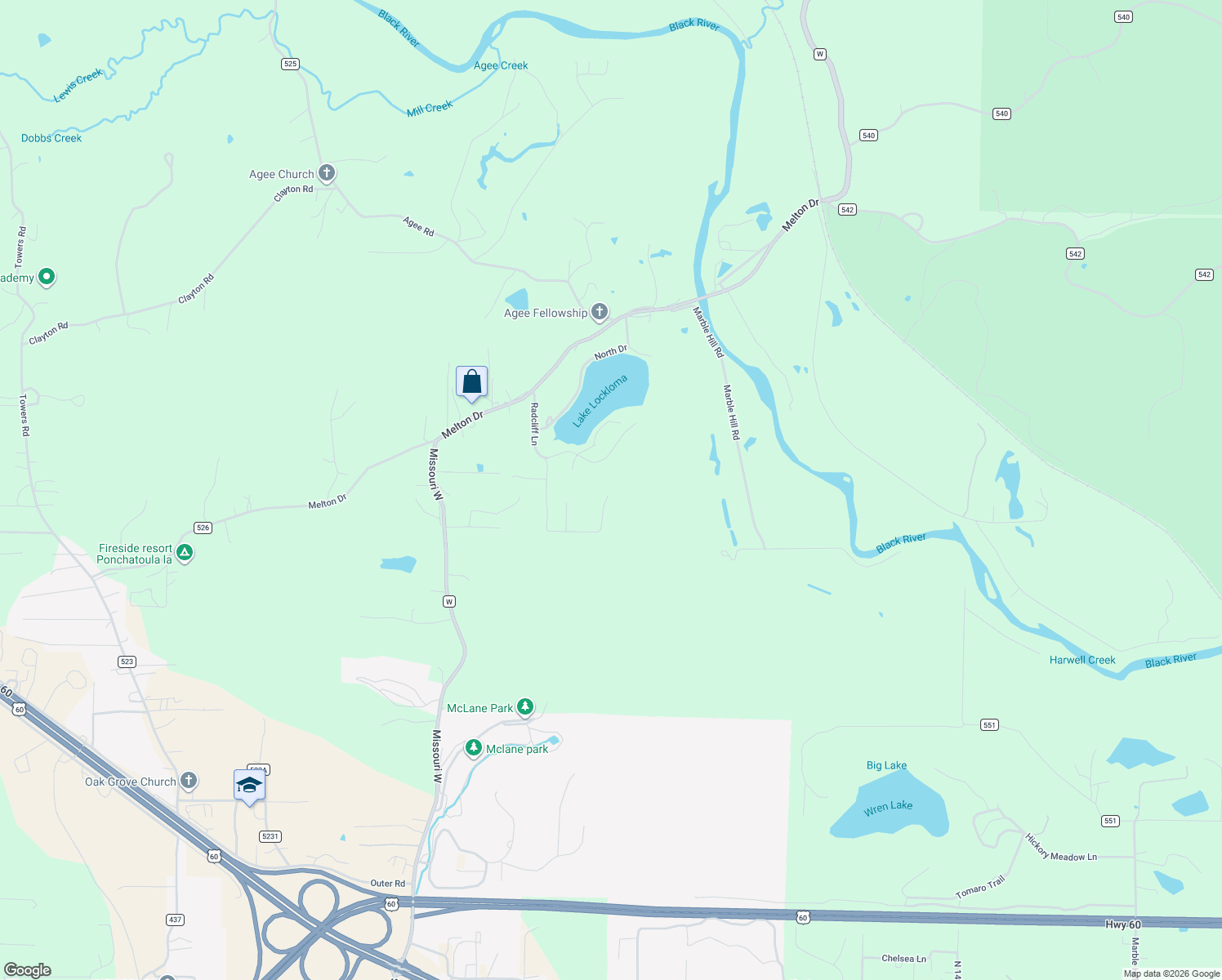 map of restaurants, bars, coffee shops, grocery stores, and more near 684 Radcliff Lane in Poplar Bluff
