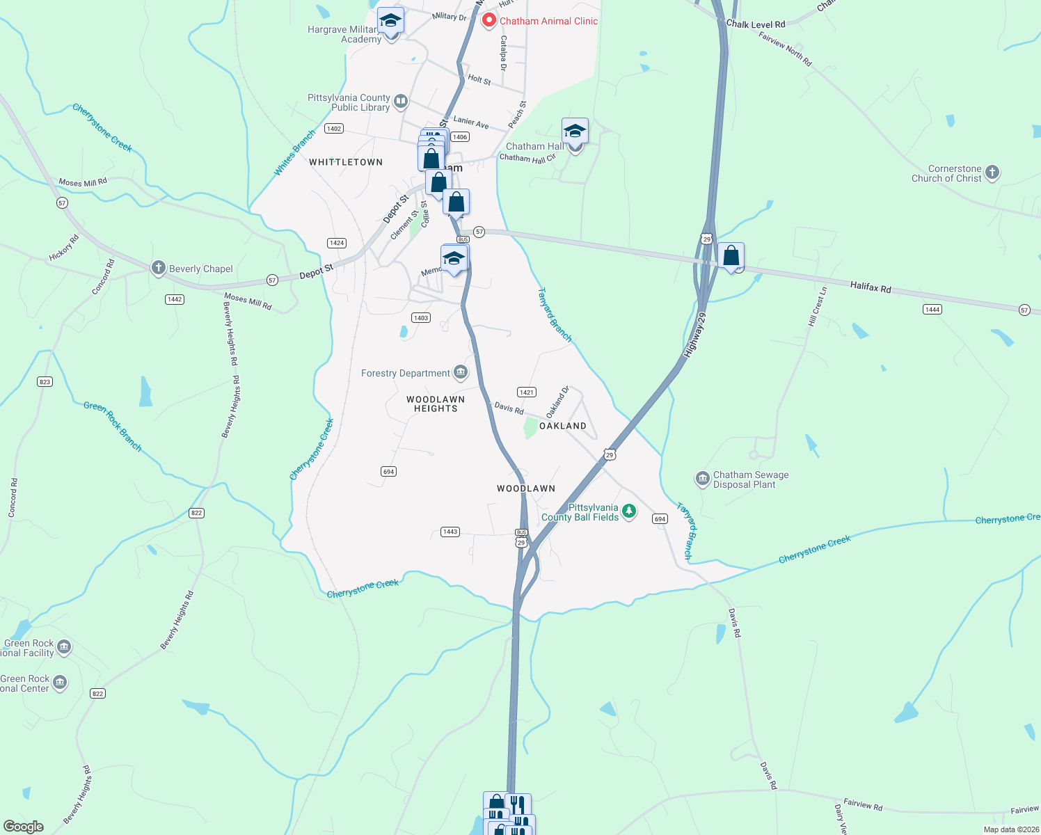 map of restaurants, bars, coffee shops, grocery stores, and more near 28 Davis Rd in Chatham
