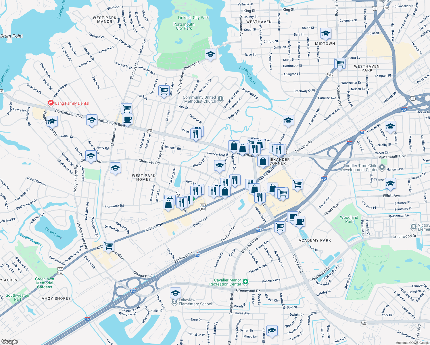 map of restaurants, bars, coffee shops, grocery stores, and more near 106 Mohican Dr in Portsmouth