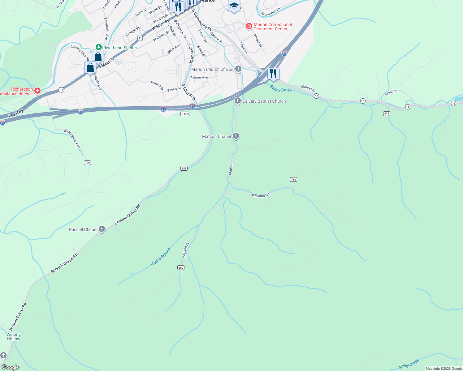map of restaurants, bars, coffee shops, grocery stores, and more near 100-114 Williams Road in Marion
