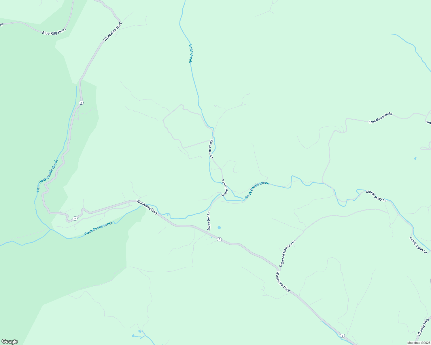 map of restaurants, bars, coffee shops, grocery stores, and more near 659 Raven Den Lane in Woolwine