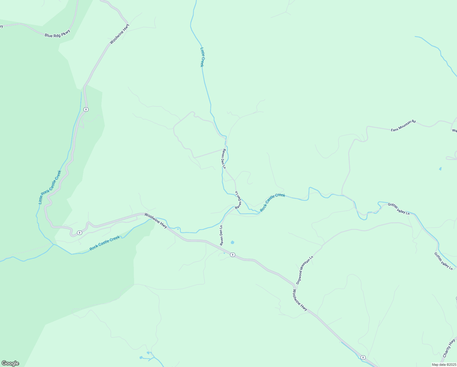 map of restaurants, bars, coffee shops, grocery stores, and more near 659 Raven Den Lane in Woolwine