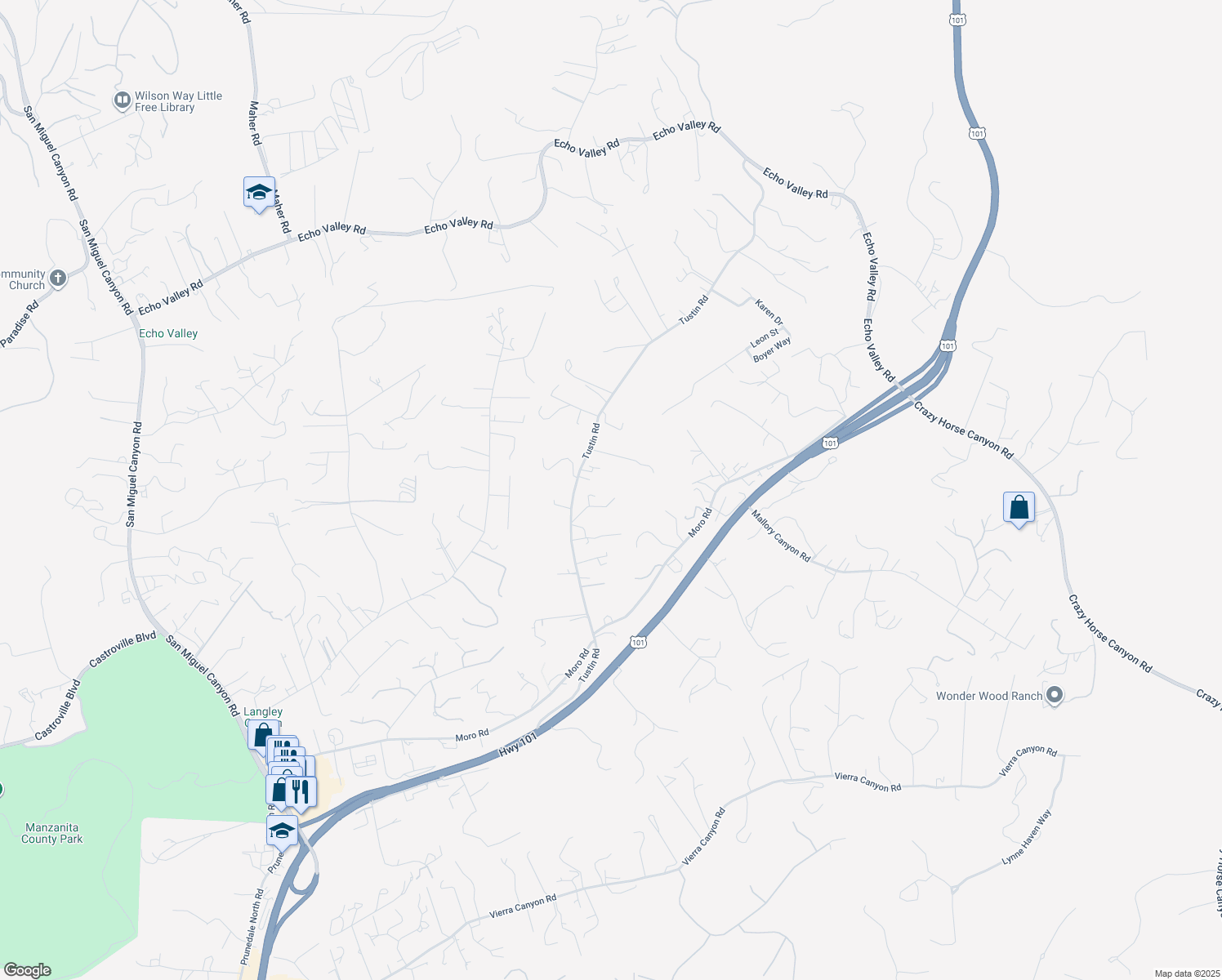 map of restaurants, bars, coffee shops, grocery stores, and more near 7125 Tustin Road in Salinas