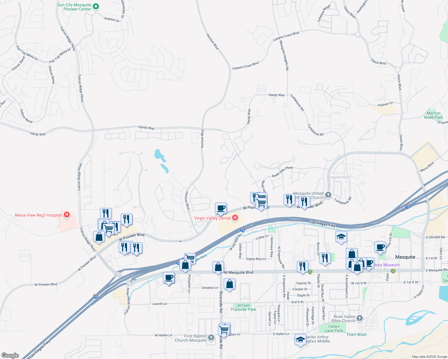 map of restaurants, bars, coffee shops, grocery stores, and more near 493 Rolling Hills Dr in Mesquite