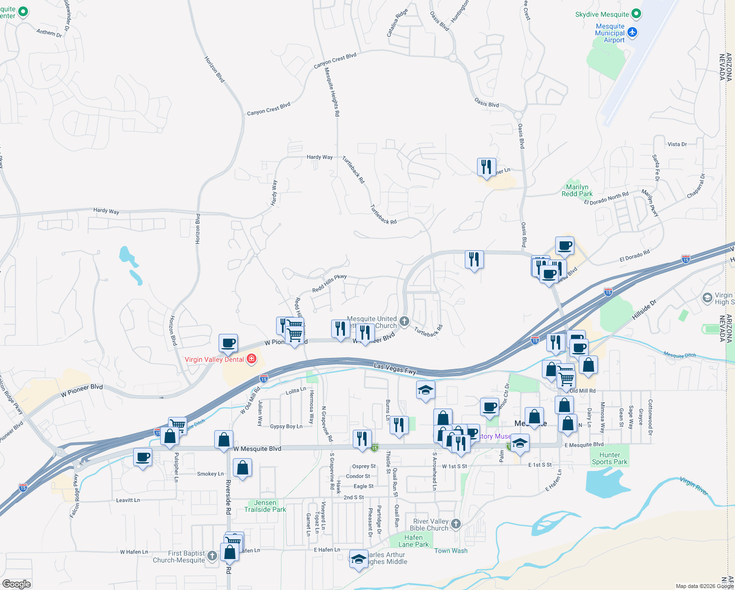 map of restaurants, bars, coffee shops, grocery stores, and more near 500 Mountainside Ct in Mesquite