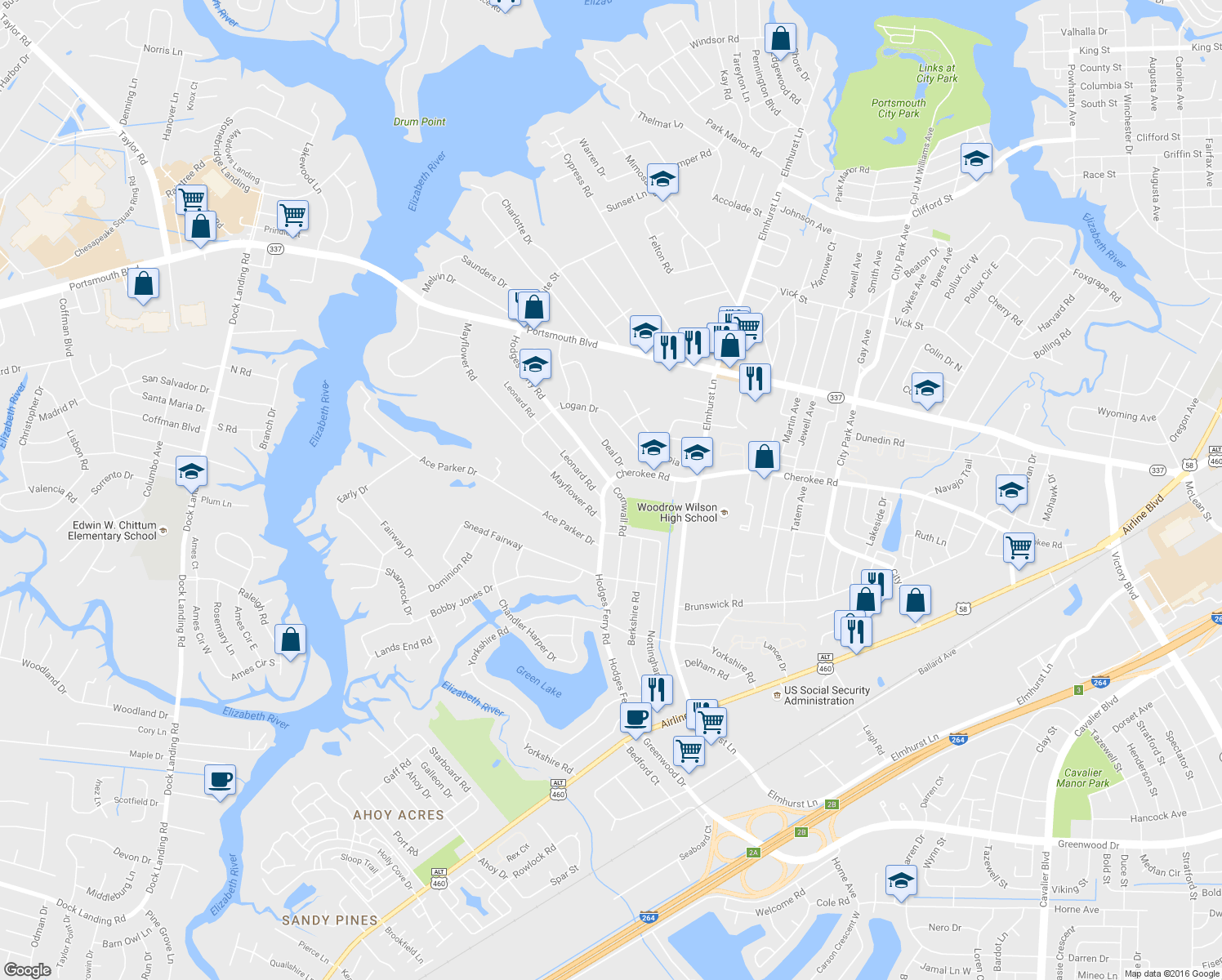map of restaurants, bars, coffee shops, grocery stores, and more near 400 Cornwall Road in Portsmouth